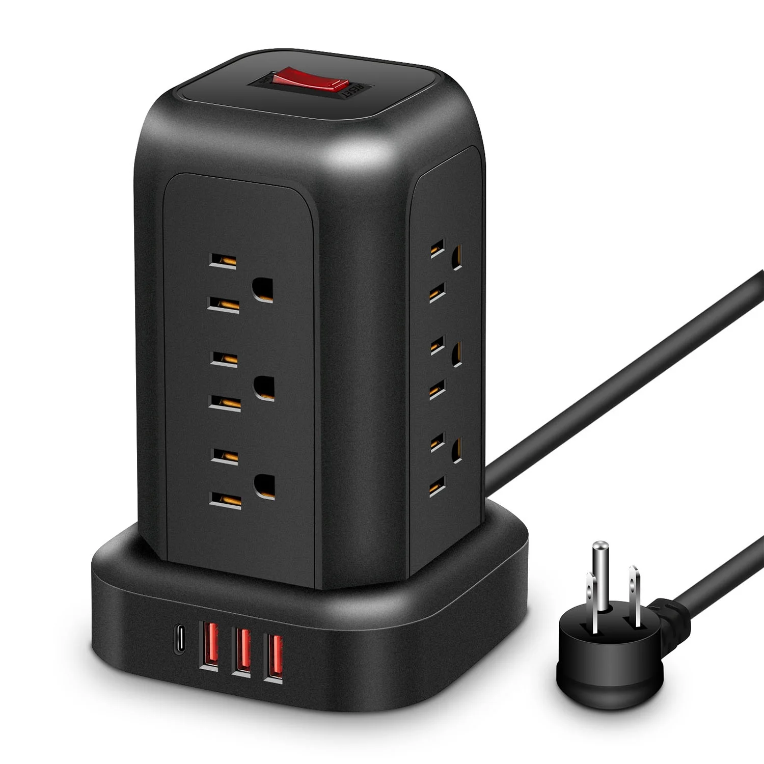 Donepart Tower Power Strip, 12 AC Outlets, 3 USB and 1 Top-C Ports, Surge Protector, 5ft Cord, Black
