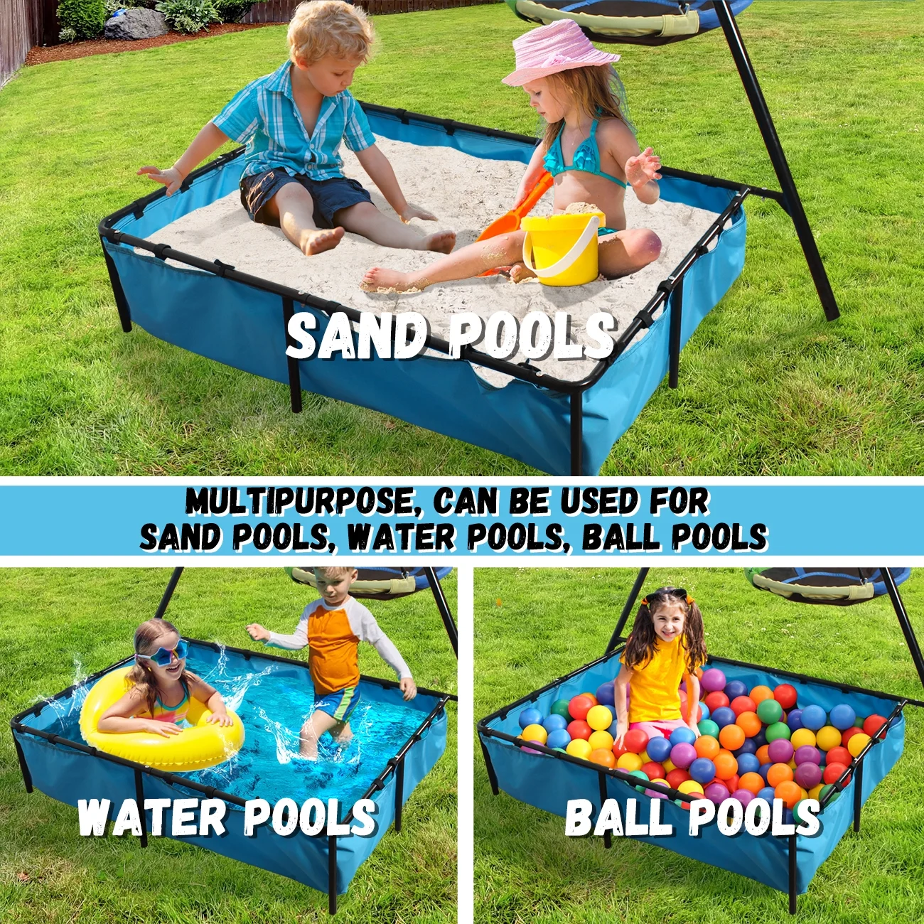 SMkidsport 5 in 1Swing Set for Backyard with Basketball Hoop, Saucer Swing,Belt Swing, Sandbox, Swimming Pool for Kids Outdoor Playing Structure, Playground Swing Set
