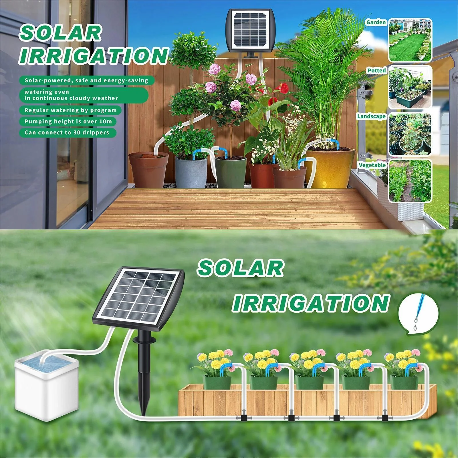 Solar Automatic Drip Irrigation Kit System, Solar Auto Watering Gardening System for 10-15 Potted Plants with Anti-Siphoning Device & 1-600s Timer Modes for Outdoor