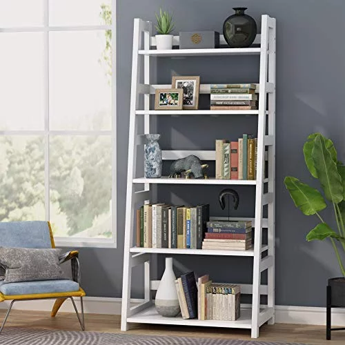 Tribesigns 5-Tier Bookshelf Modern Bookcase, 5 Shelves Ladder Shelf White
