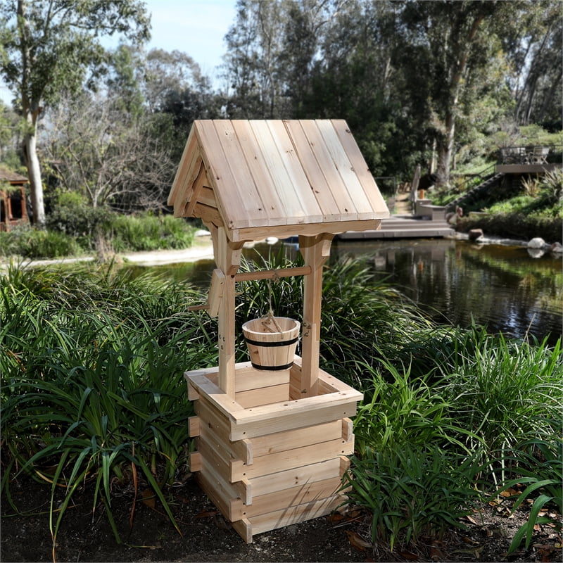 Shine Company Transitional Cedar Wood Decorative Wishing Well in Beige