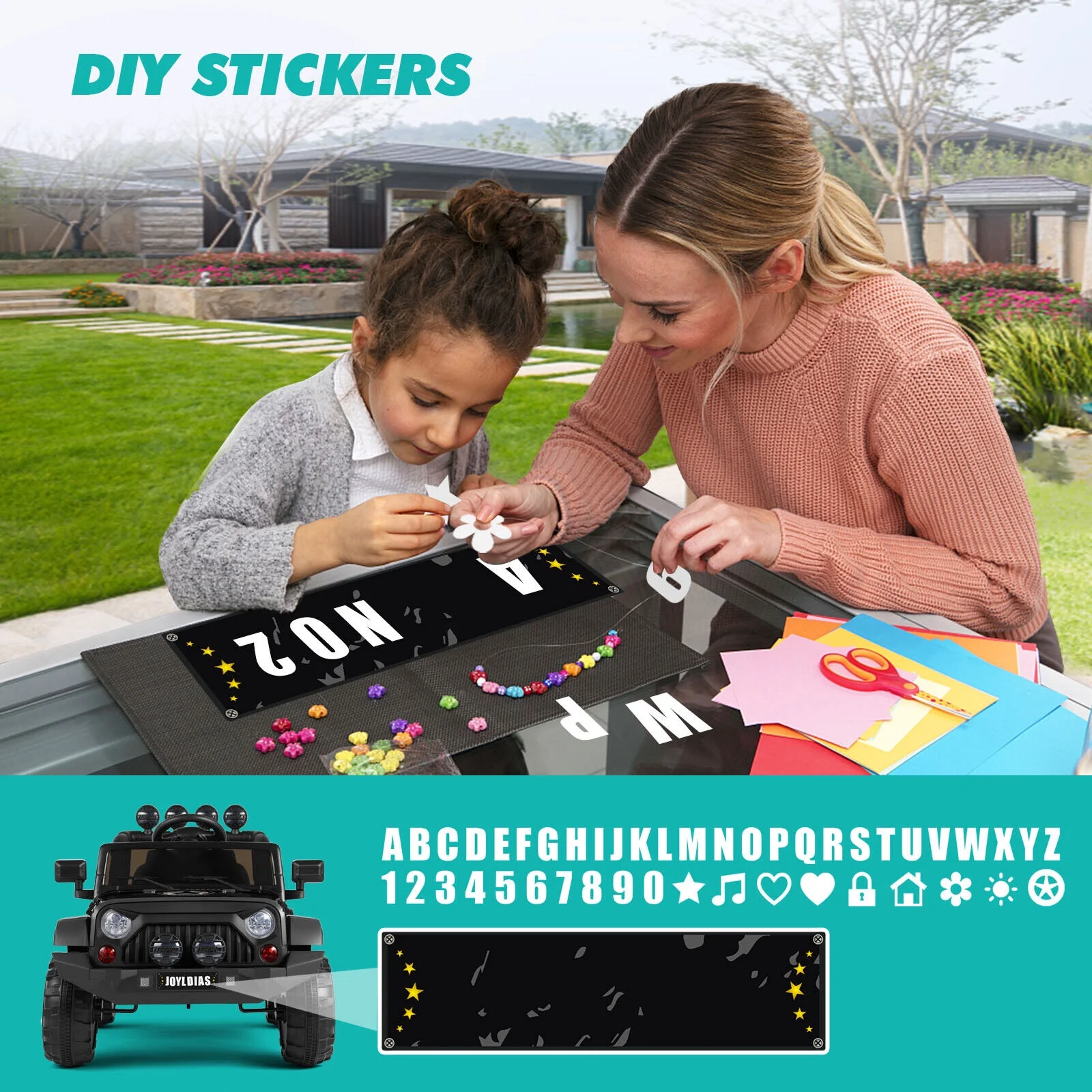 12V Kids Ride On Truck Electric Car with DIY Stickers, Bluetooth, Remote Control, MP3 Player, LED Lights (Black)
