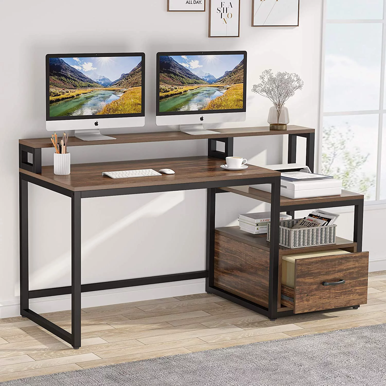 Tribesigns 59 inch Computer Desk with Storage Shelves and File Drawer, Large Home Office Desk with Hutch and Monitor Stand Riser Shelf (Brown)