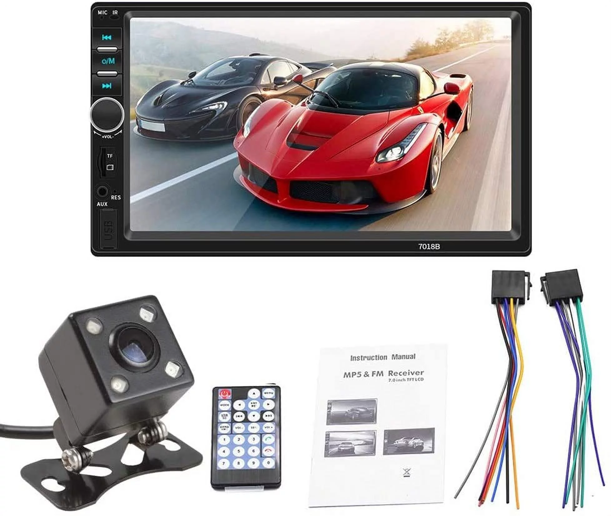 7 Inch Double Din Bluetooth Car Stereo Receiver, in Dash HD Touch Screen with Rear View Camera, Car Video Radio MP5 Player Support Mirror Link for Android/USB/AUX/TF