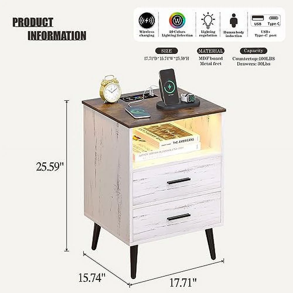 GEROBOOM Night Stand Set 2 with Charging Station  Smart Nightstand with LED Light  Wood Bedside Table with 2 Drawers and   Modern End Table for Bedroom/Livingroom  Black