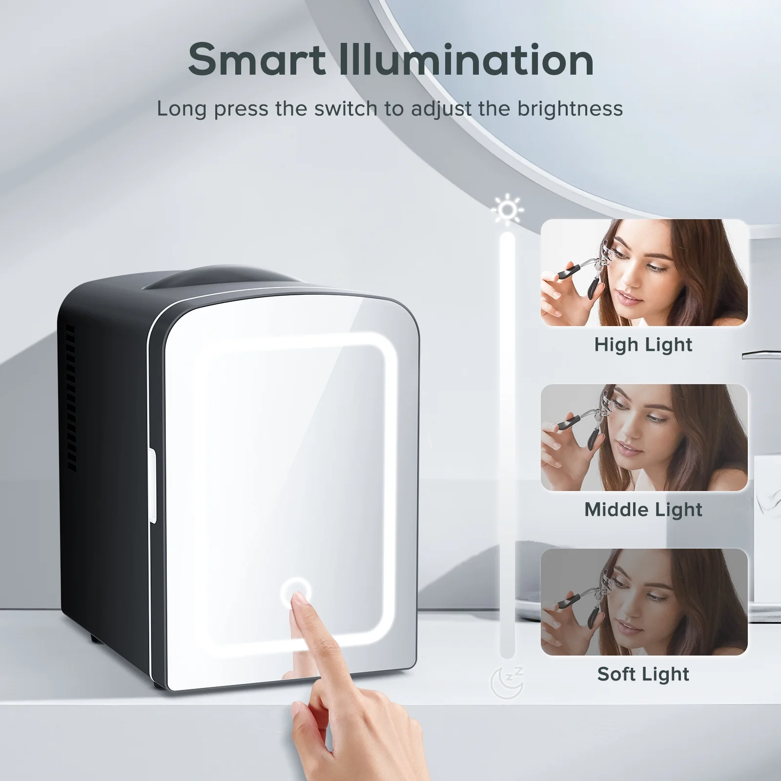 KISSAIR Mini Refrigerator and Personal Beauty Fridge, Mirrored Door with Light, 4 Liter, Black