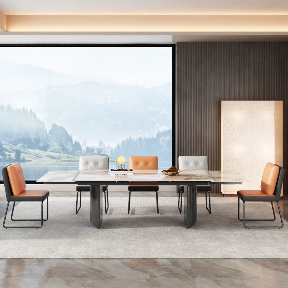 Extendable 63'' to 94.5'' Dining Table, Rectangular Sintered Stone Top, Stainless Steel Legs for 6-10 People, Modern