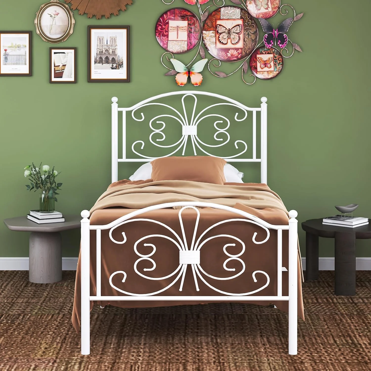 YILAN Twin Size Bed Frame with Headboard,18 inch high,Metal Bed Frame with Butterfly Pattern Design Mattress Foundation,No Box Spring Needed,Easy Assembly,White
