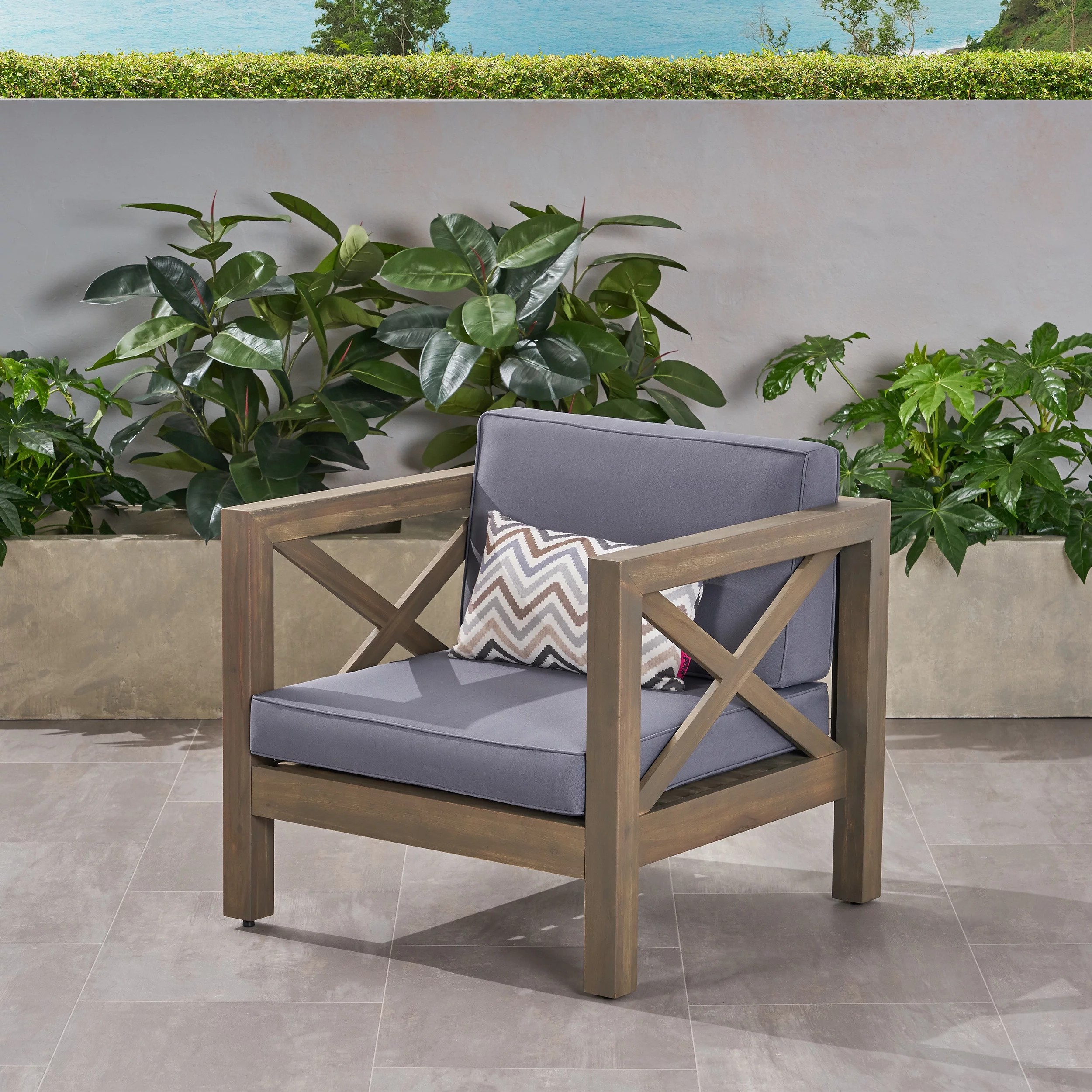 GDF Studio Indira Outdoor Acacia Wood Club Chair with Cushion, Gray Finish and Dark Gray