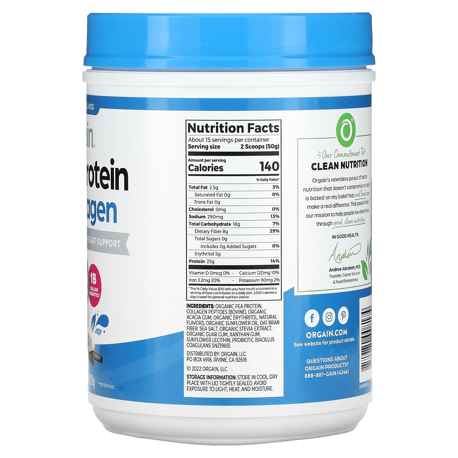 Orgain Plant Protein Plus Collagen, Vanilla Bean, 1.6 lb (726 g)