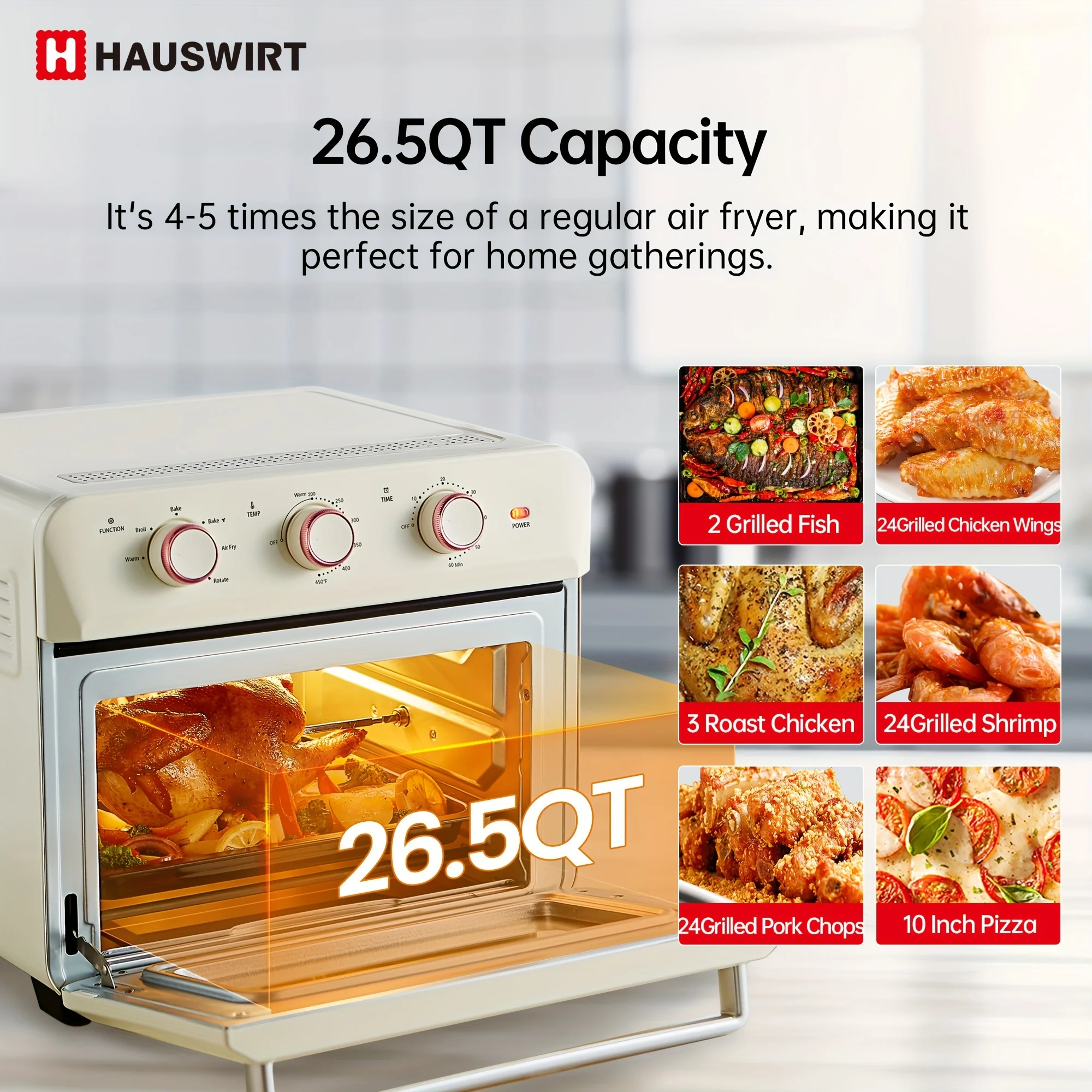 DFSDFGF32 26.5Qt Countertop Convection Oven, XL Air Fryer 12-Slice Toaster Broil Dehydrate 6-in-1 Combo, 1200 Watts, Non-Stick, Stainless Steel, Online Recipe Booklet