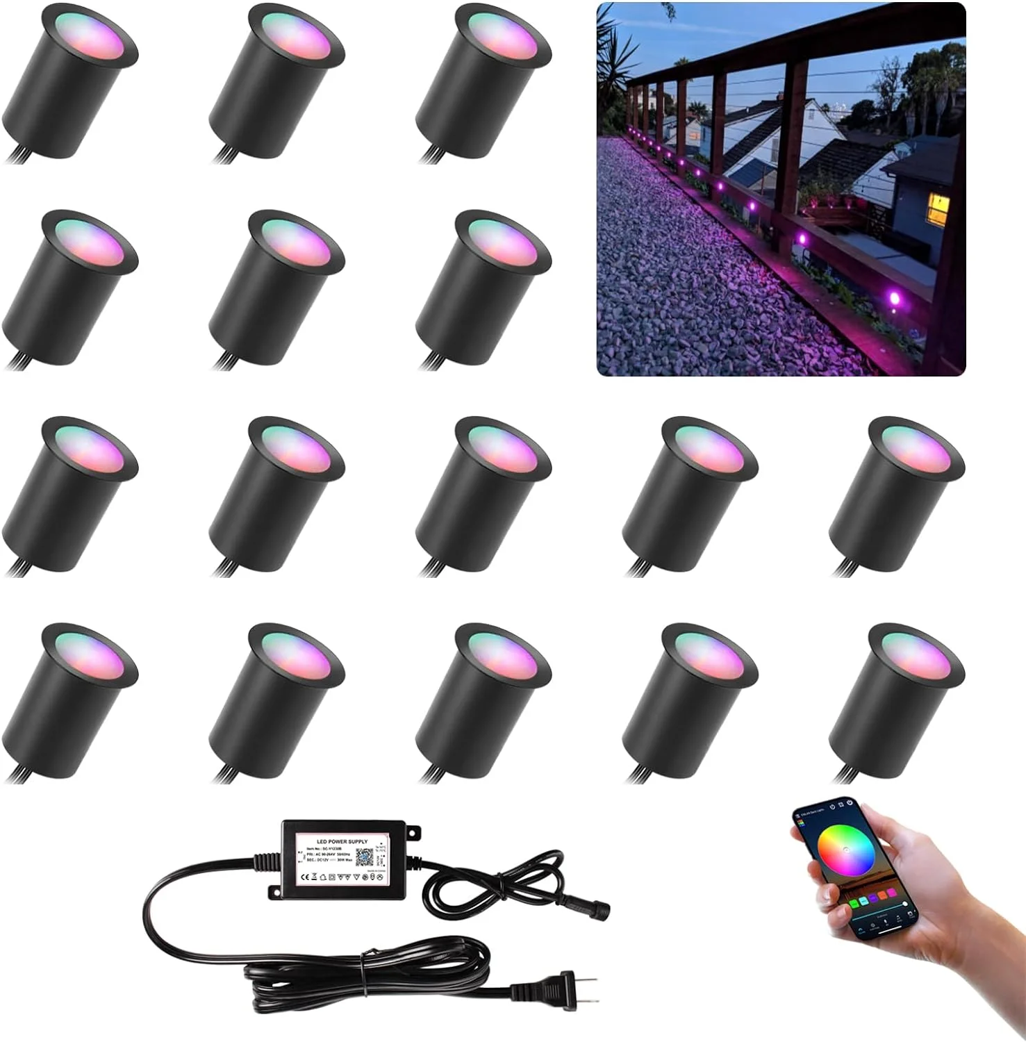OUWI Wi-Fi Smart LED Outdoor Deck Lights, RGB Φ1.18in Low Voltage 12V DC IP67 Waterproof, Timer Voice Music Color Changing, Compatible with Aleax Google Assistant, Stair Step Lighting 16 Pack Black