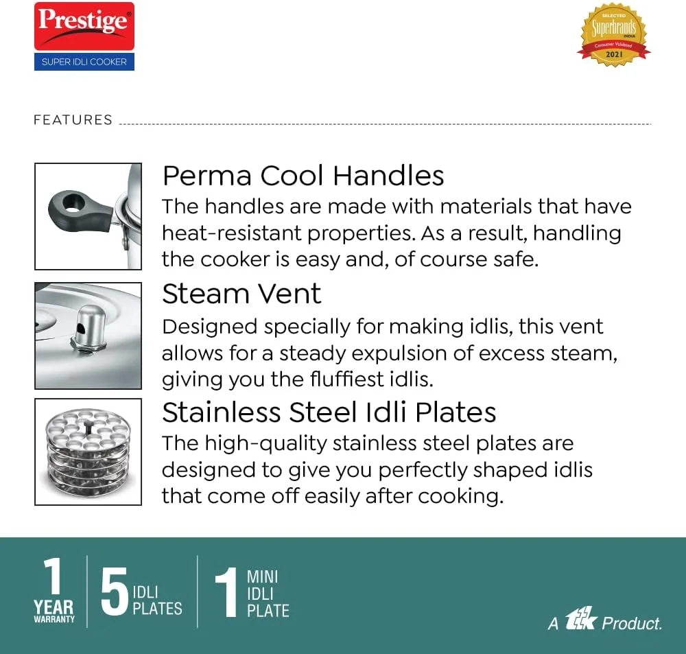 Prestige PRID6 Cooker, 5Plates + 1 Mini Idli Plate, SILVER - Total 6 Plates