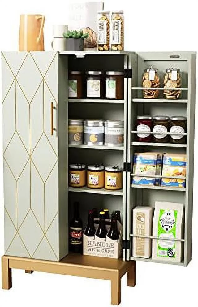 ZFGSUIJN 45''  Cabinet with Doors and Adjustable Shelves Food Pantry Cabinet for Kitchen  Dining Room Living Room and Garage Gold Lines and Legs Pure Black Cabinet.