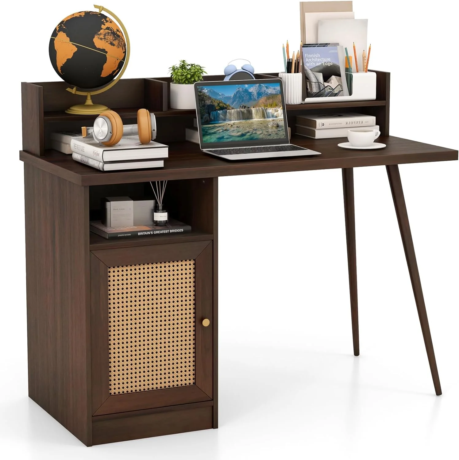 TJCGDTY Mid Century Desk with Hutch  48\u201D Writing Study Desk with PE Rattan  Cabinet & Shelves  Laptop PC Desk with Rubber Wood Legs  Compact Computer Workstation for Home Office