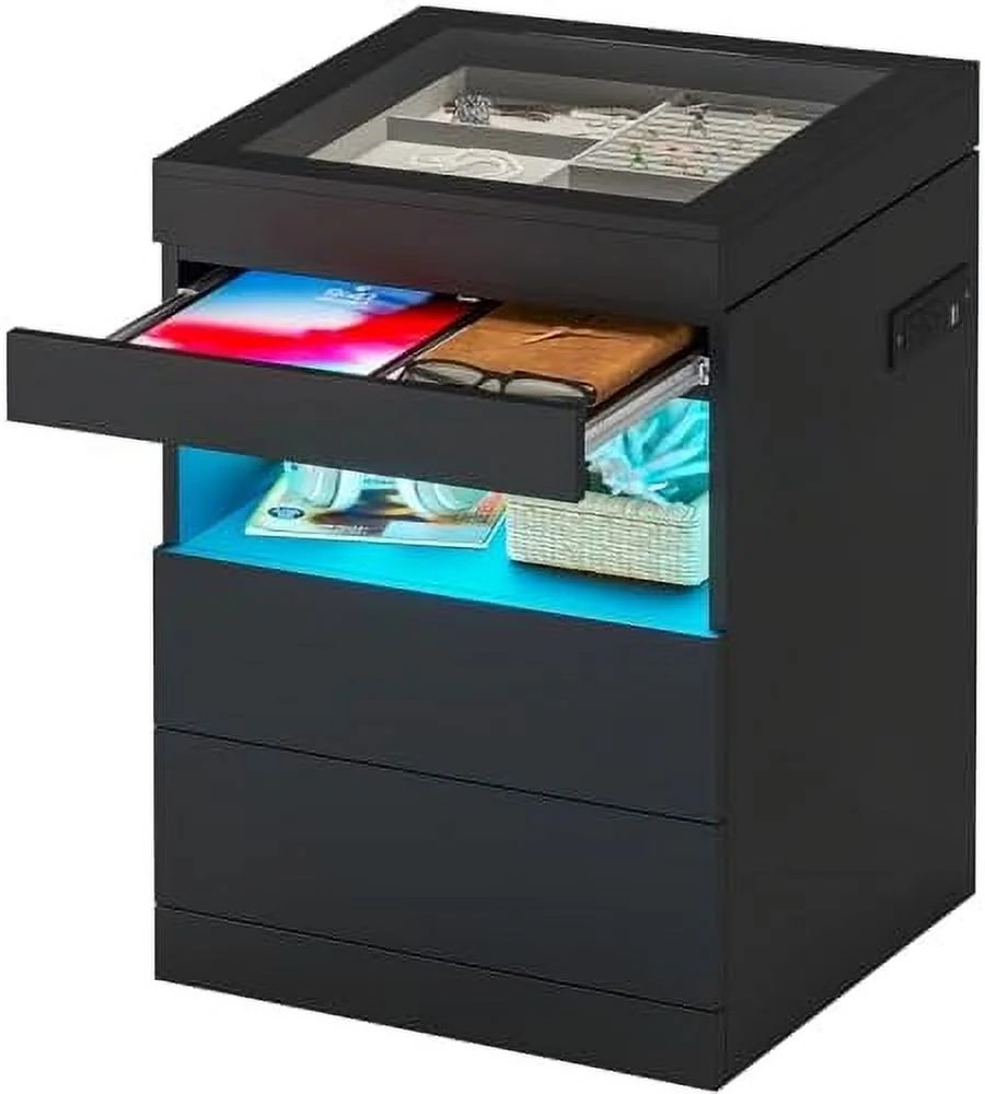 xrboomlife LED Nightstand with Charging Station & Sliding Top  Black Night Stand with Glass Top & Jewelry Tray  Bedside Table with Drawers & Pull-Out Tray  Modern  End Table w