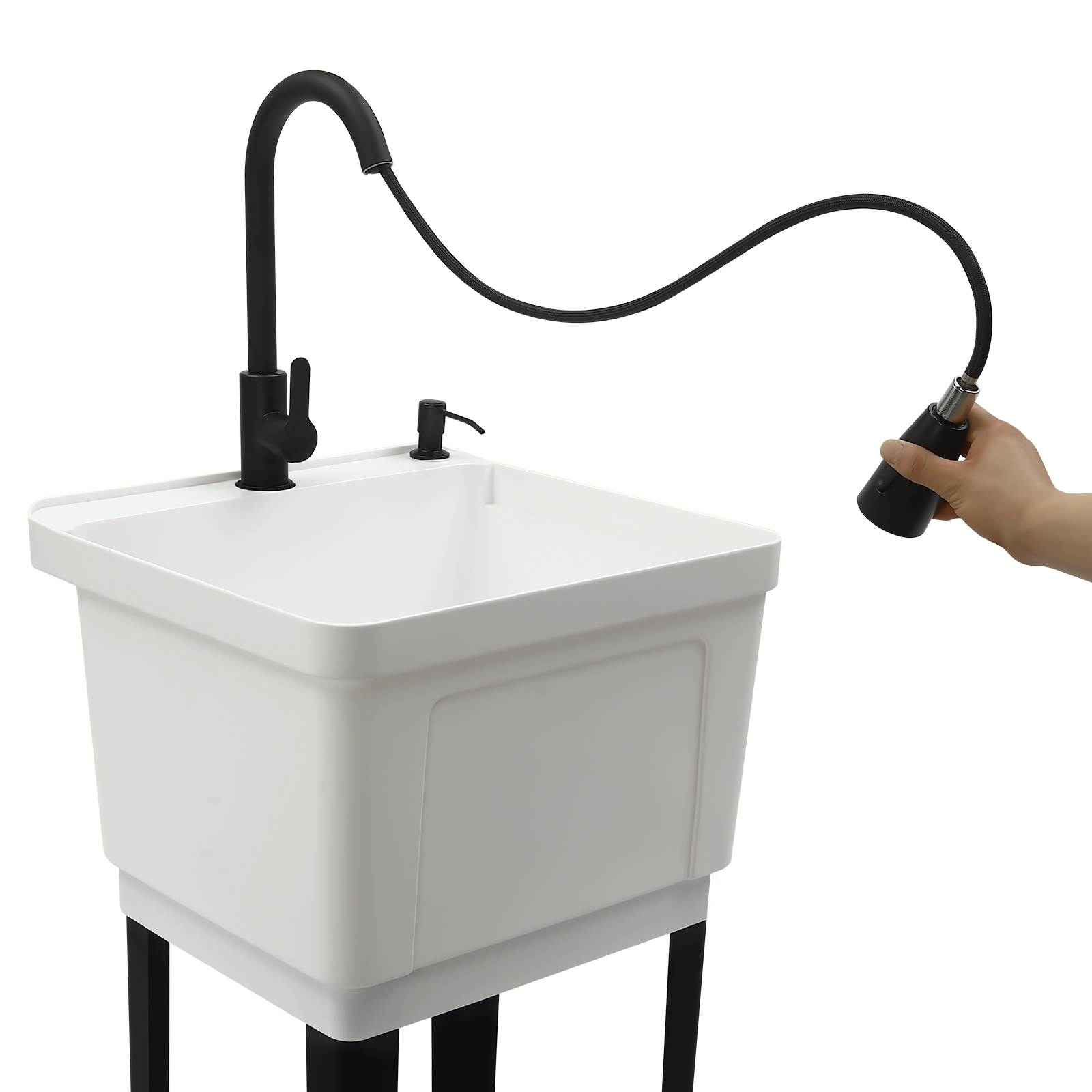 Laundry Sink With High Arc Stainless Steel Pull Down Faucet, Freestanding Space Saving Laundry Tub, Freestanding Wash Station