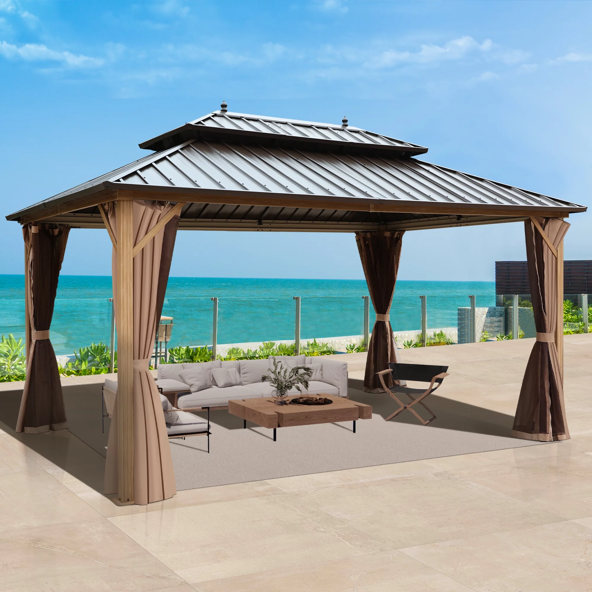 COVERONICS 12x16FT Outdoor Galvanized Steel Hardtop Gazebo, Patio Aluminum Frame Gazebo with Double Roof, Heavy-duty Gazebo with Netting & Curtain for Garden, Poolside, Deck, Backyard