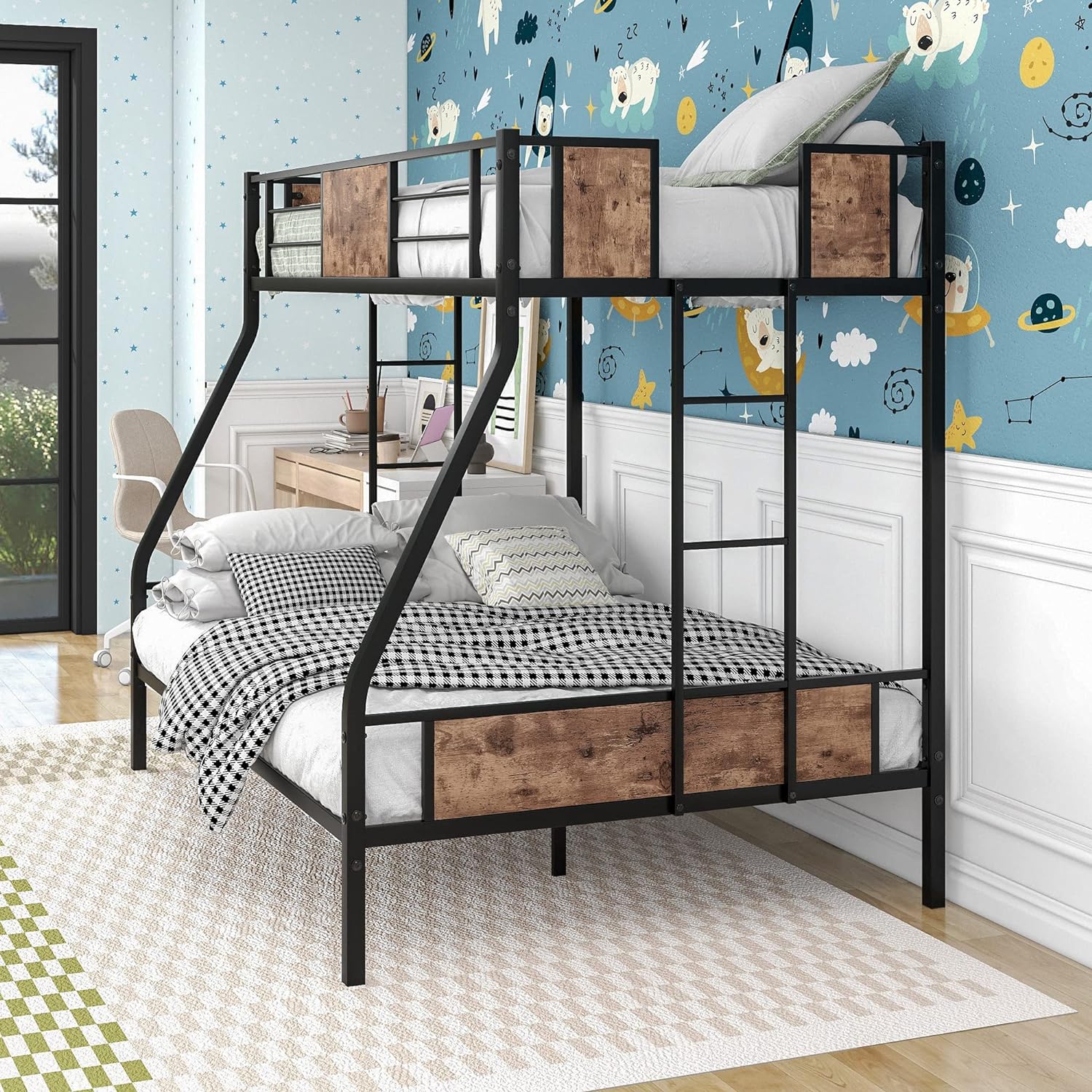 OUWI Twin Over Full Bunk Bed with Metal Frame Sturdy Guard Rail and Safety Ladder, Black