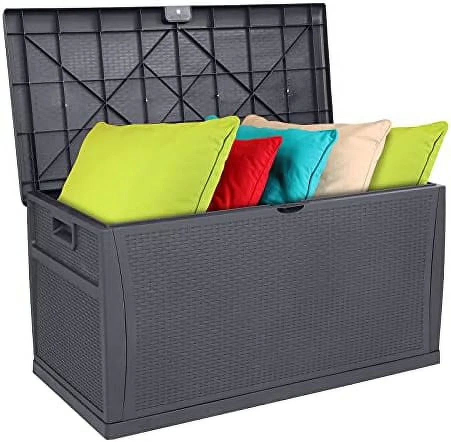 TJCGDTY Upgraded 120 Gallon Outdoor  Box  Lockable Plastic  Containers with Lid  Rattan Grain Surface Deck Box Patio  for Garden  Pool  Balcony  Yard (Black)