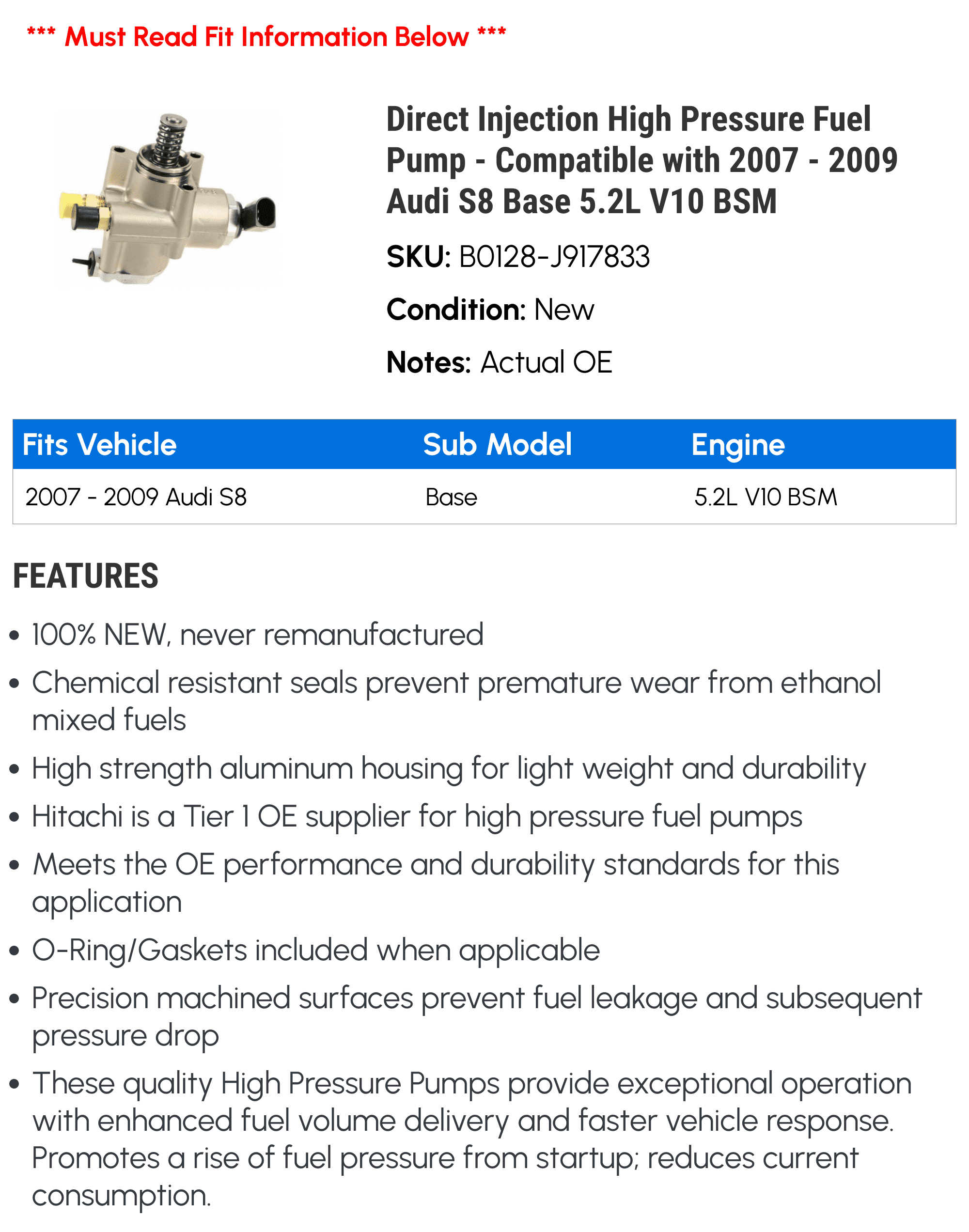 Direct Injection High Pressure Fuel Pump - Compatible with 2007 - 2009 Audi S8 Base 5.2L V10 BSM 2008