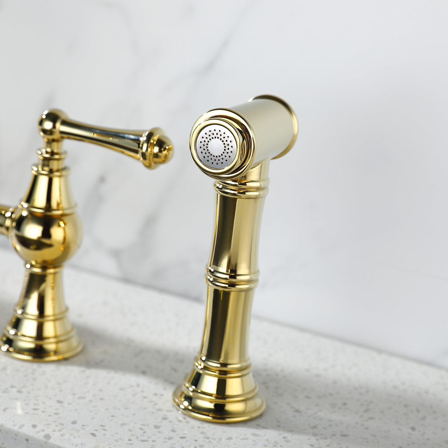 YLtoohoom Bridge Dual Handles Kitchen Faucet With Pull-Out Side Spray in