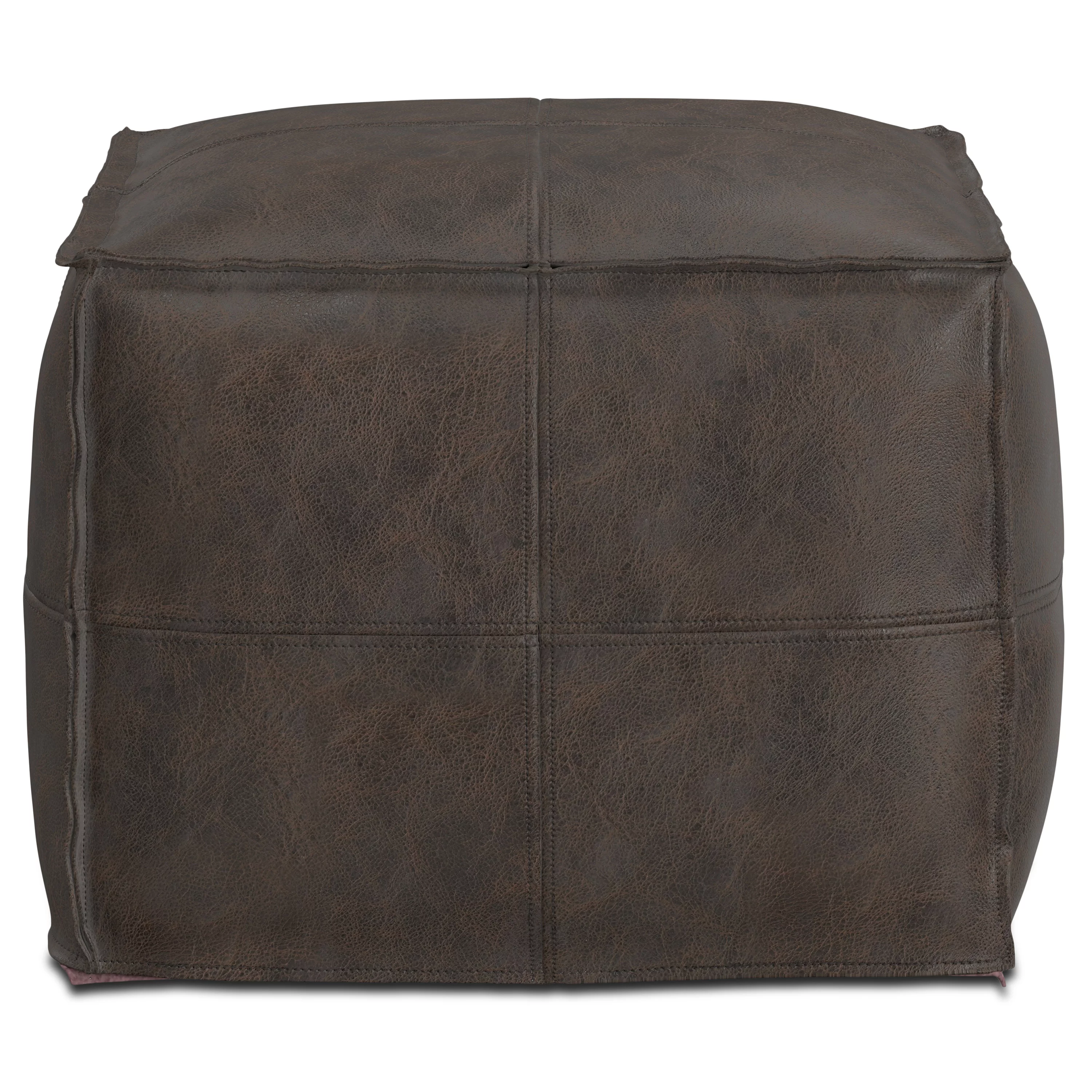 Simpli Home Sheffield Boho Square Pouf in Distressed Dark Brown Leather