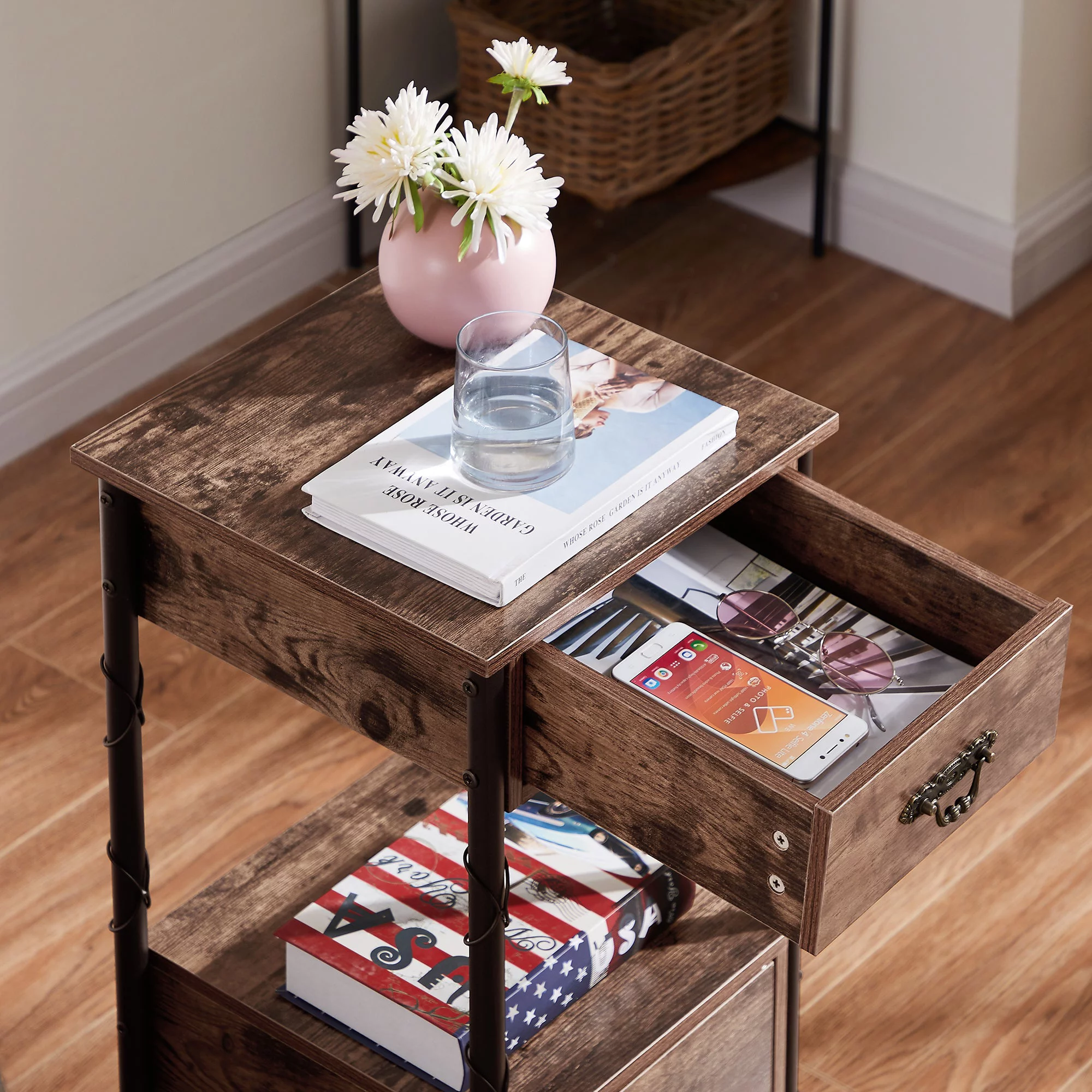 VECELO 3 Piece Coffee Tables Set Includes 1 Coffee Table and 2 End Table, Industrial Coffee Table with Roller and Sofa Table Living Room Set, Brown