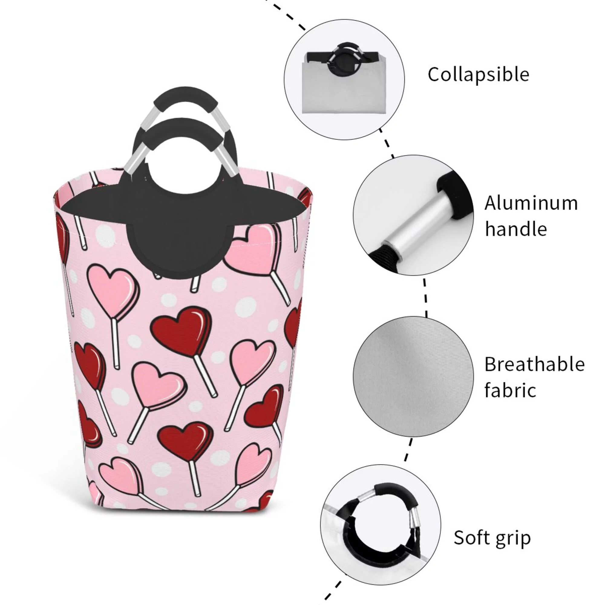 TEQUAN 50L Large Rectangular Laundry Hamper with Aluminum Handles, Red Pink lollipop Hearts Prints Waterproof Foldable Dirty Clothes Basket