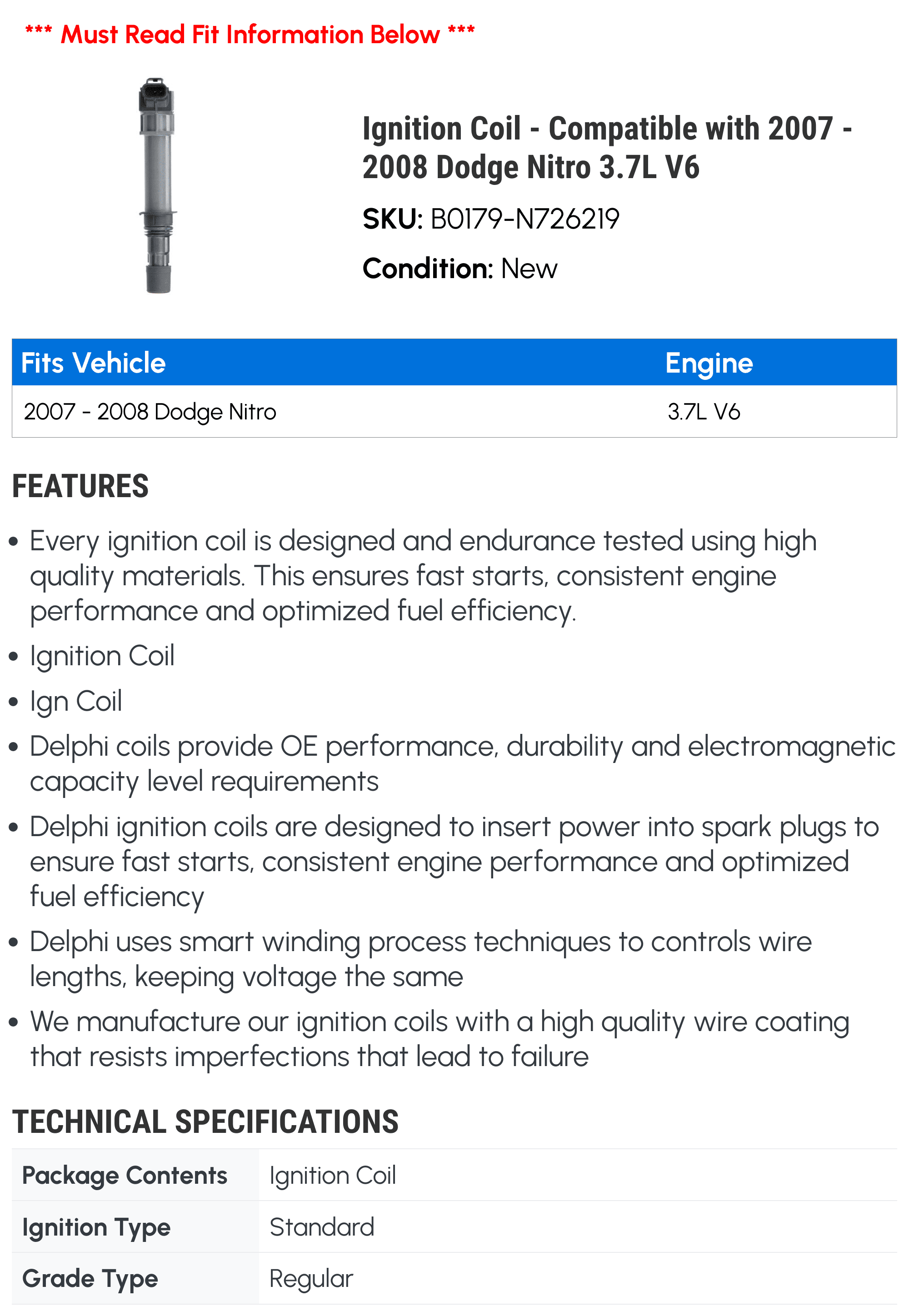 Ignition Coil - Compatible with 2007 - 2008 Dodge Nitro 3.7L V6