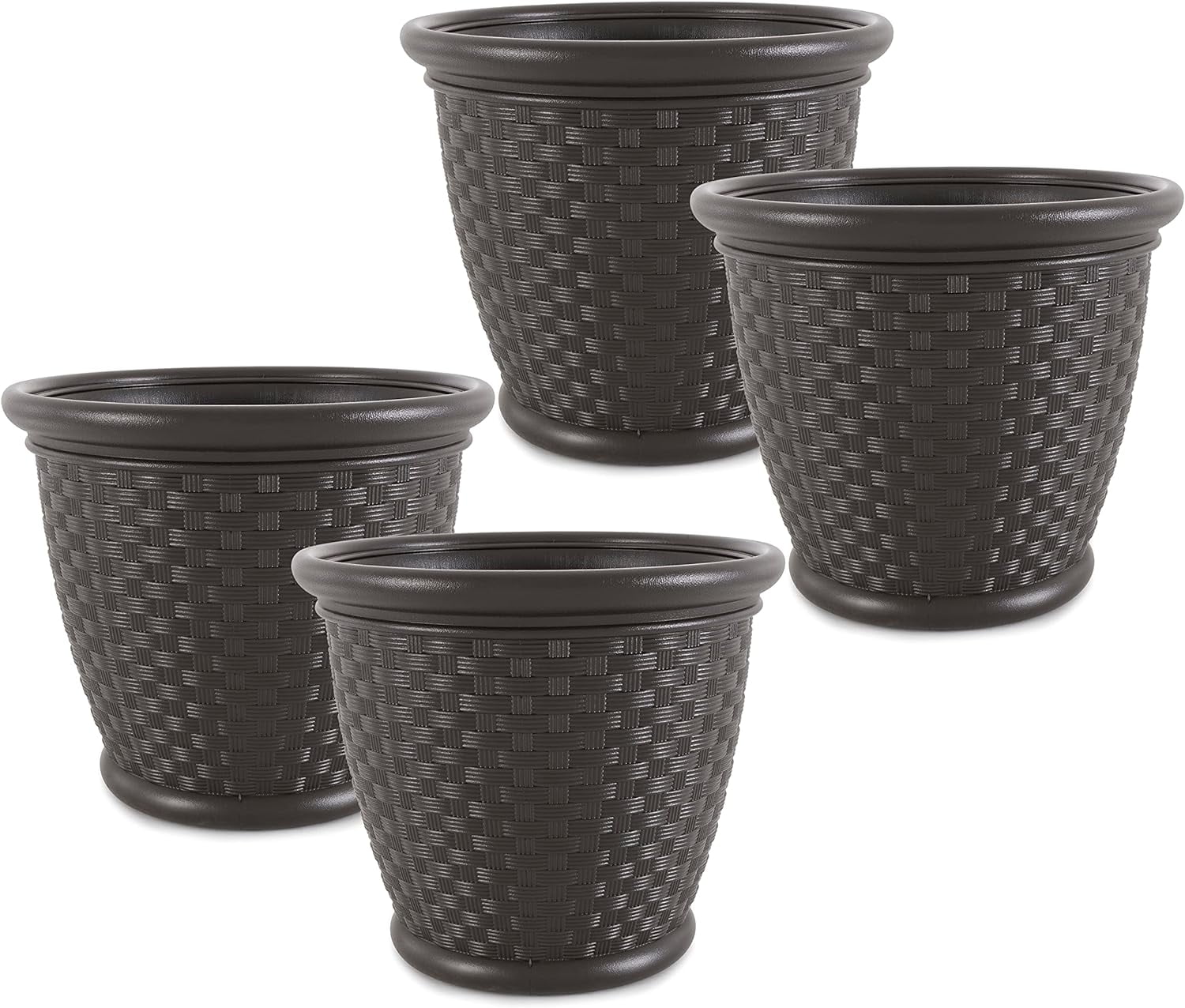 Sonora 18 Inch Plastic Wicker Decorative Garden Flower Planter Planting Pots for Garden, Backyard, Indoor and Outdoor Use, Brown (4 Pack)