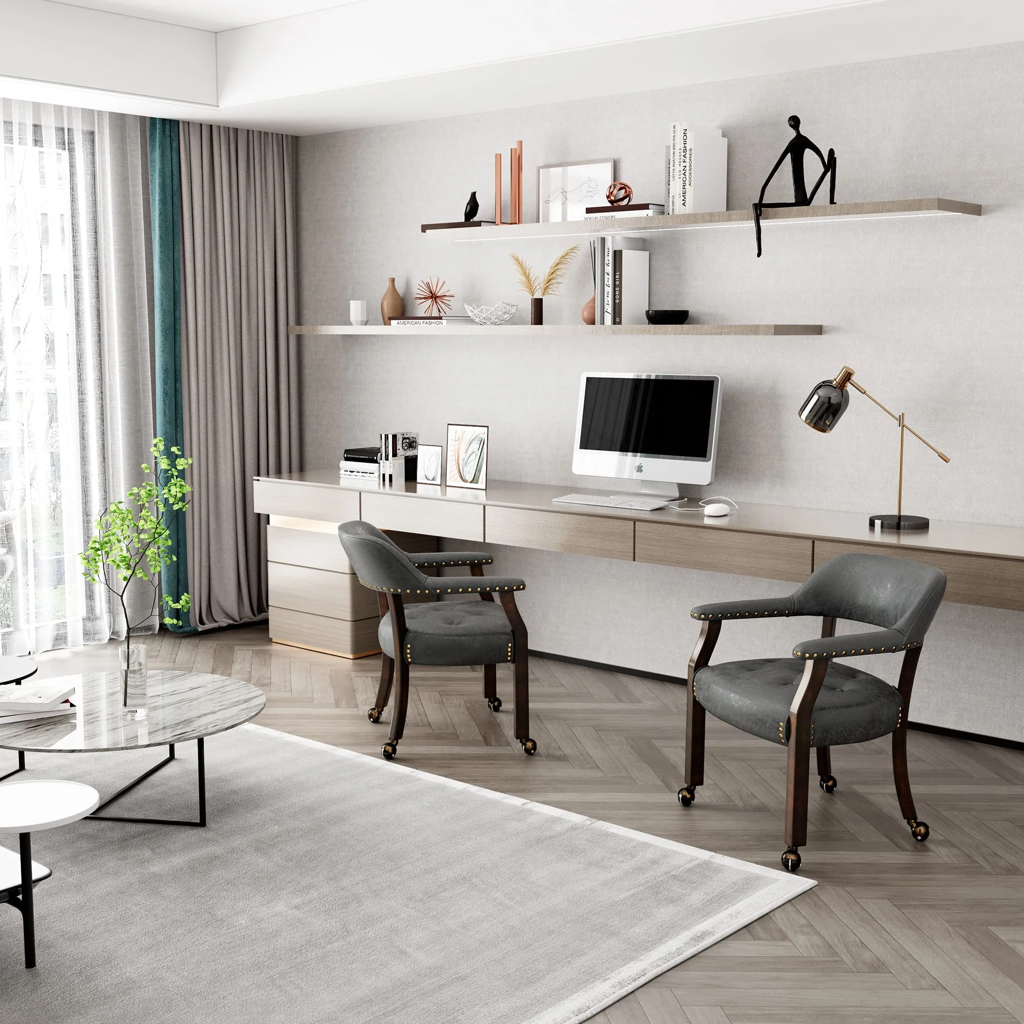 JESONVID Dining Chair with Casters Set of 2, Captain's Chair with Caster Dining Room Chairs with Rollers Curving Backrest Dinette Sets Poker Chair with Wheels Kitchen Table Rolling Chairs,Grey 318GY