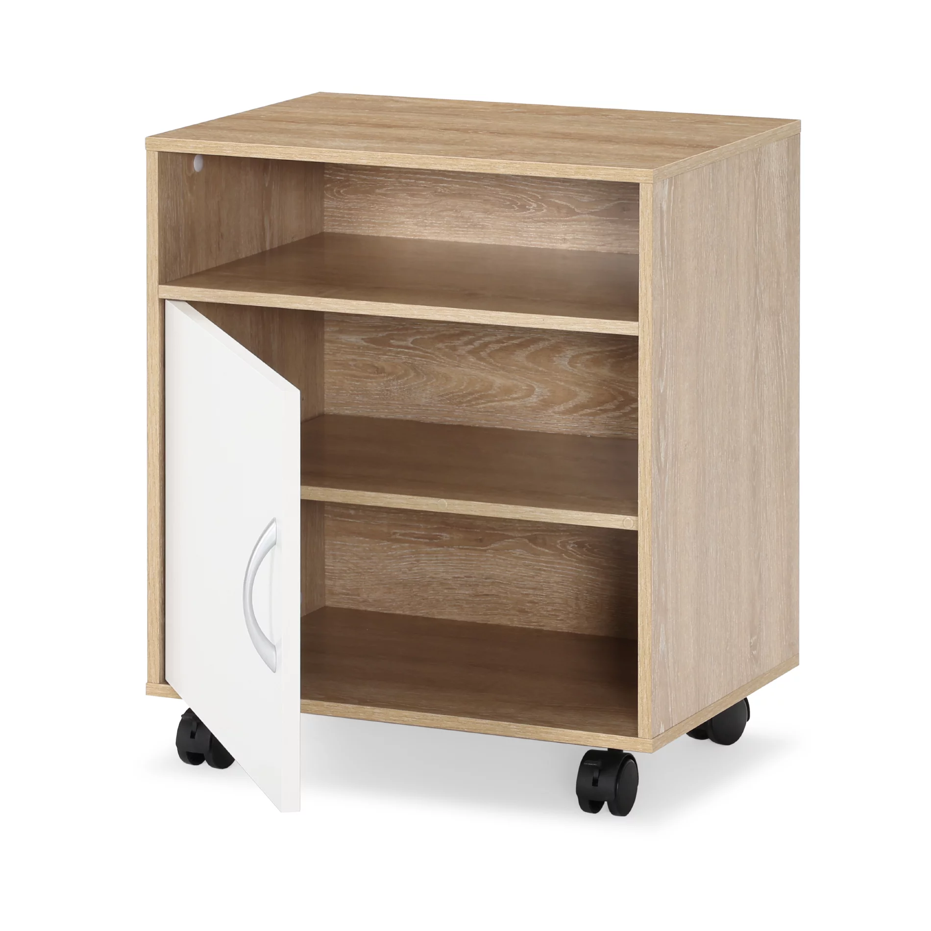 FITUEYES Printer Cart with Door, Mobile Wooden Printer Stand on Wheels, Rolling File Cabinet for Home Office, Natural and White