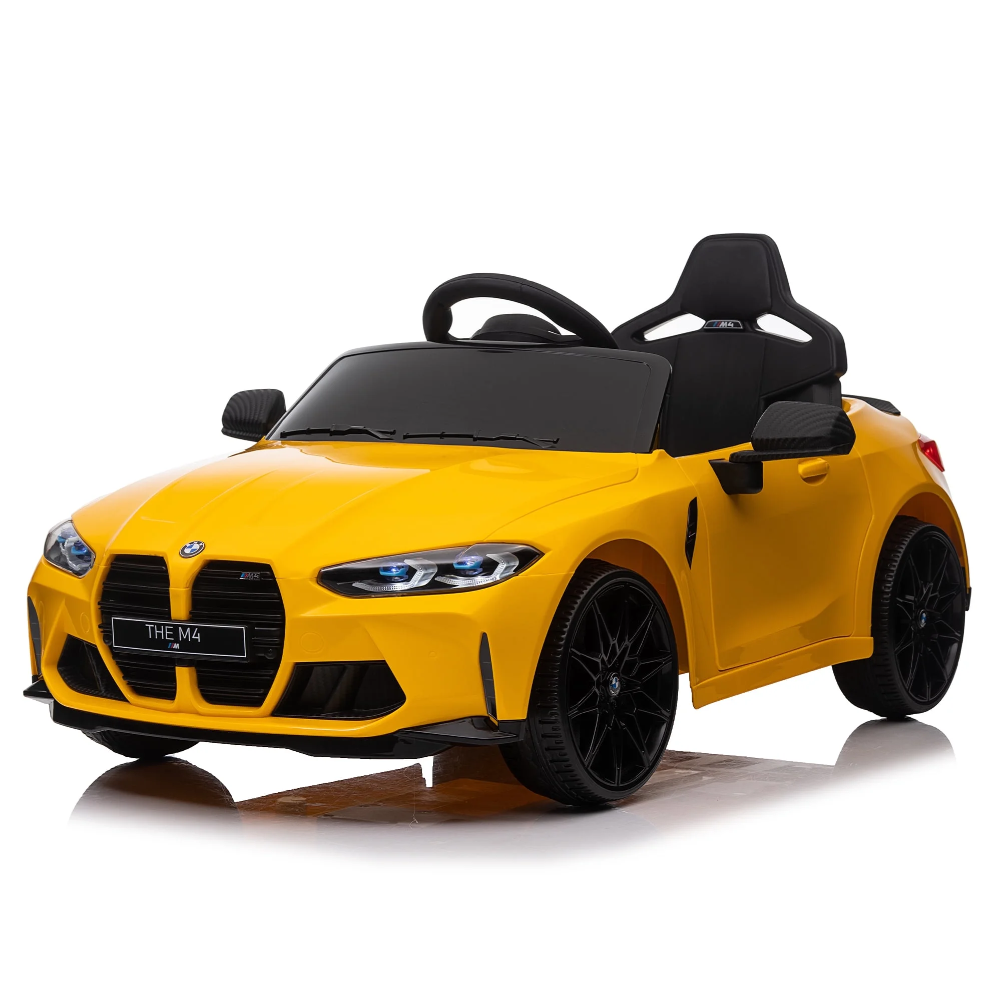 BISHE 12V Kids Ride on Car, Licensed BMW M4 Electric Vehicle Toy with Remote Control, MP3, Bluetooth, LED Light, Suspension System, Yellow