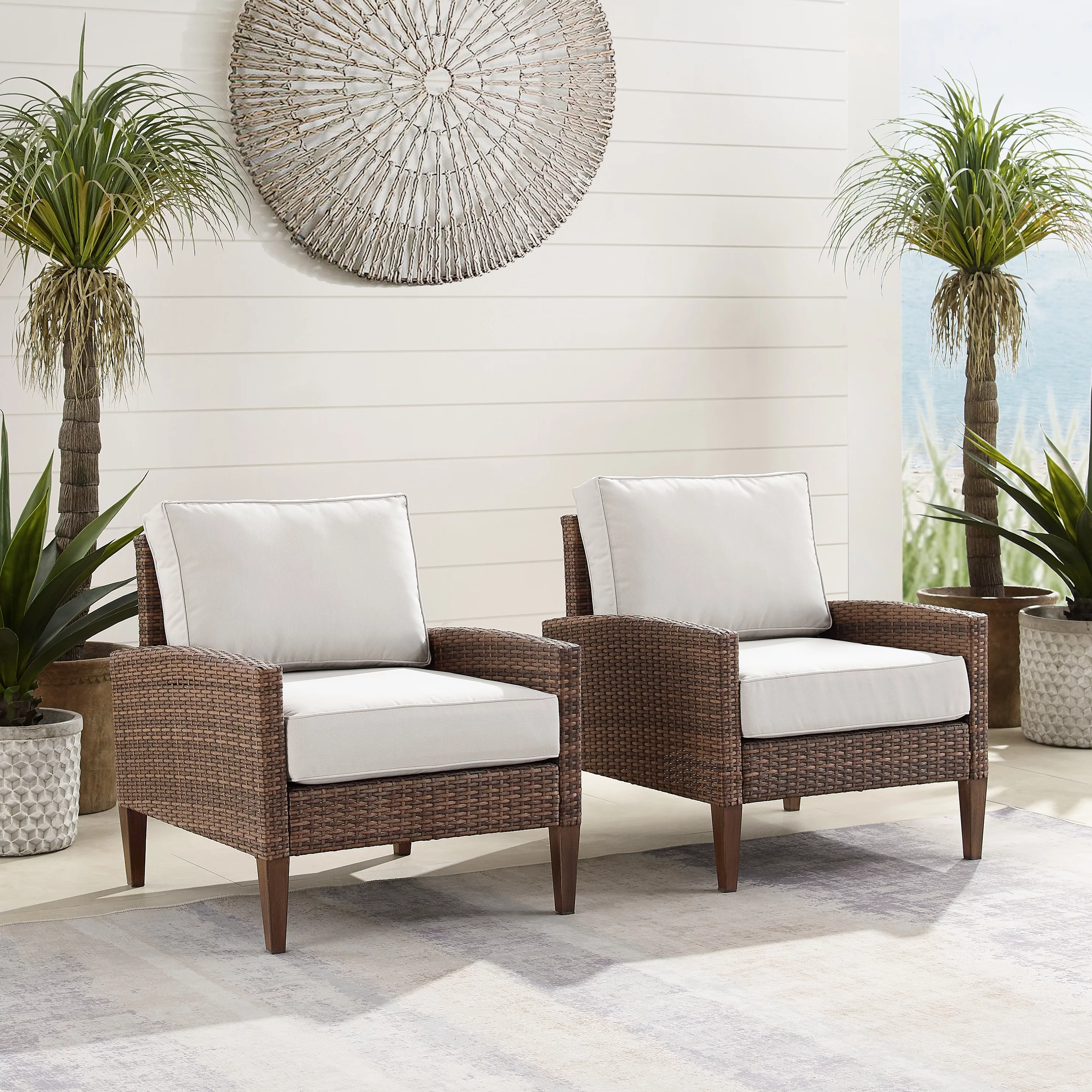 Crosley Furniture Capella Rattan & Fabric Patio Chair in Brown/Cream (Set of 2)