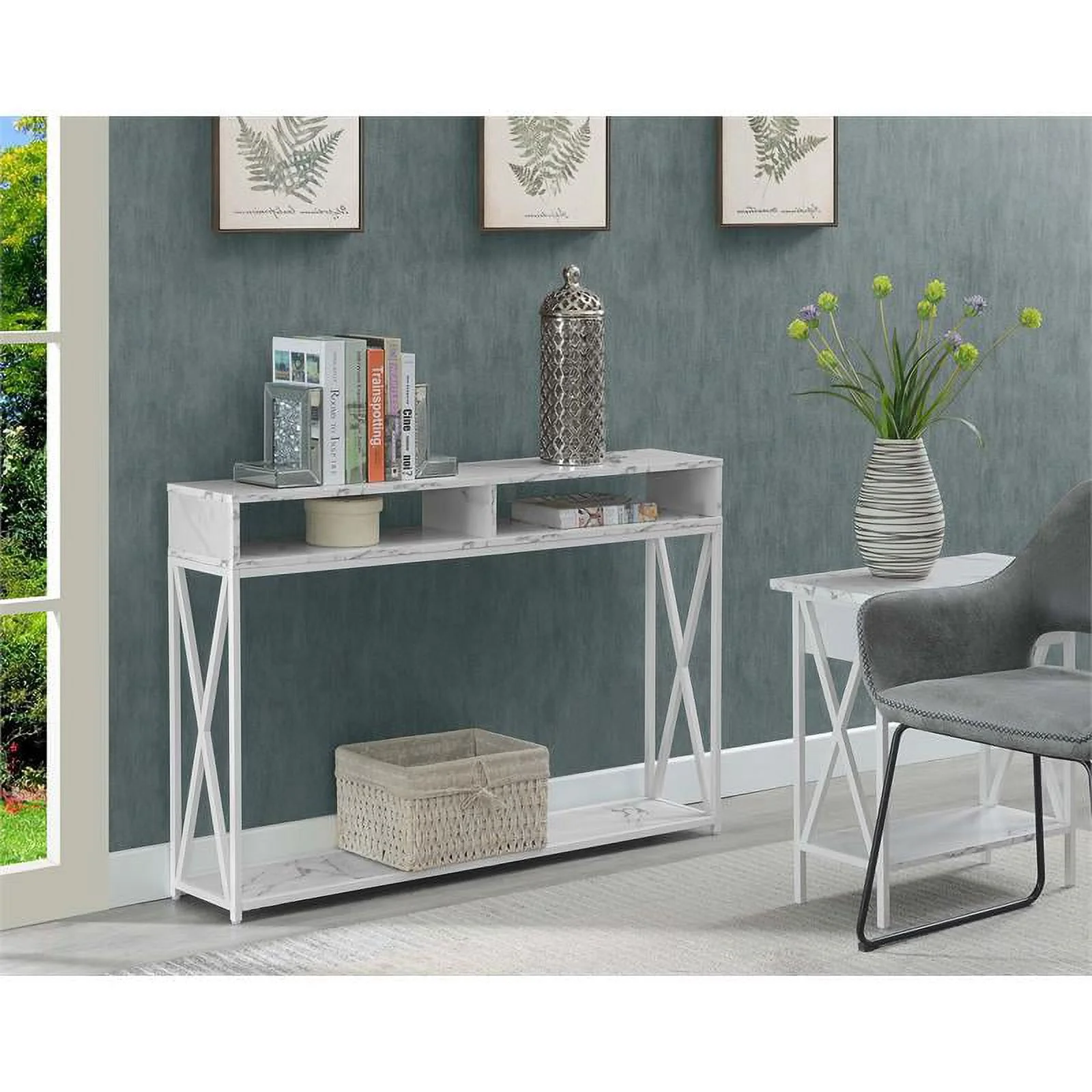 Pemberly Row Modern Deluxe Console Table with Shelf in White Wood Finish