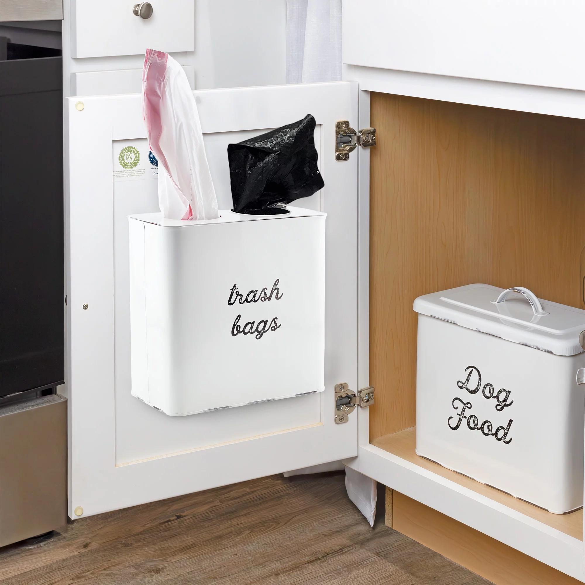 AuldHome Farmhouse Trash Bag Holder (White); Rustic Enamelware Garbage Bag Dispenser