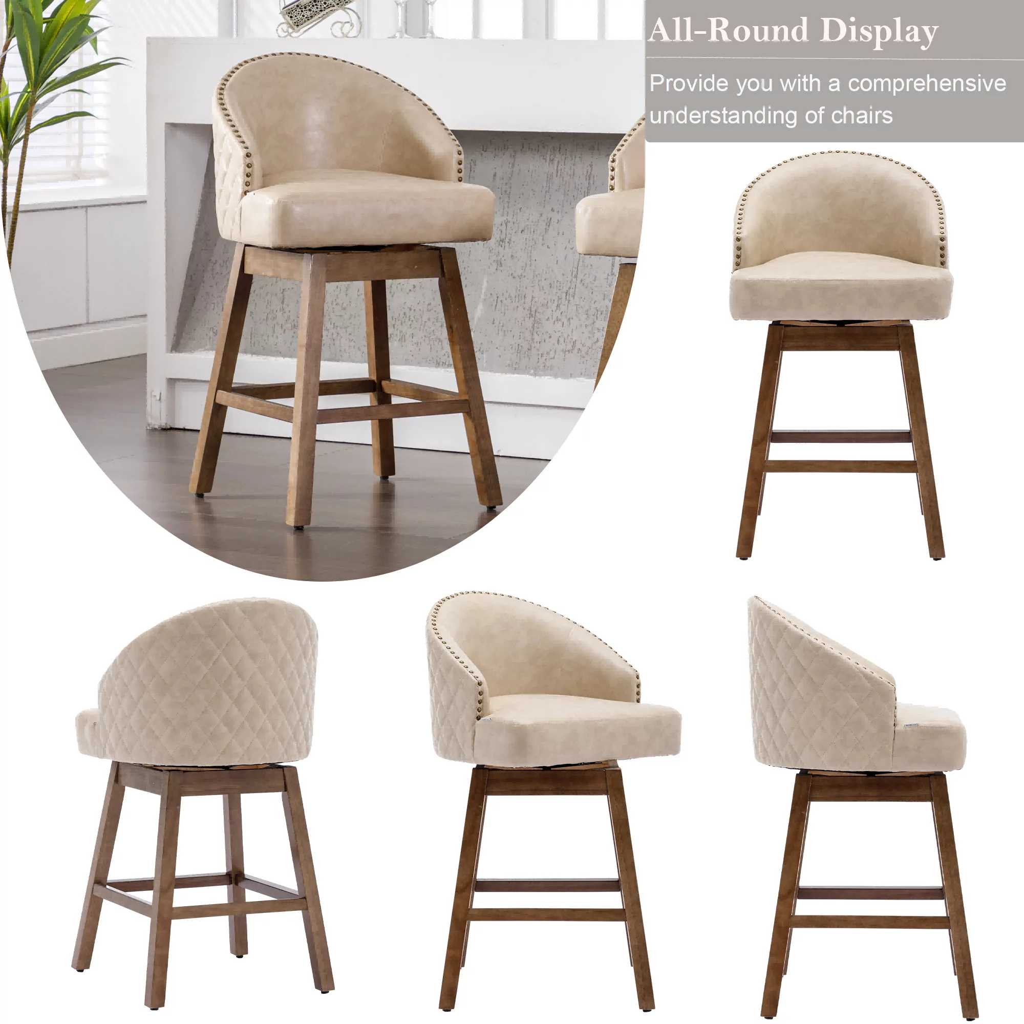 Upholstered Bar Stools, Counter Height 360 Degree Swivel Bar Stool Chairs with Solid Wood Legs Kitchen Island Padded Barstools with Nailhead Trim and Footrest(Apricot PU,Set of 2)