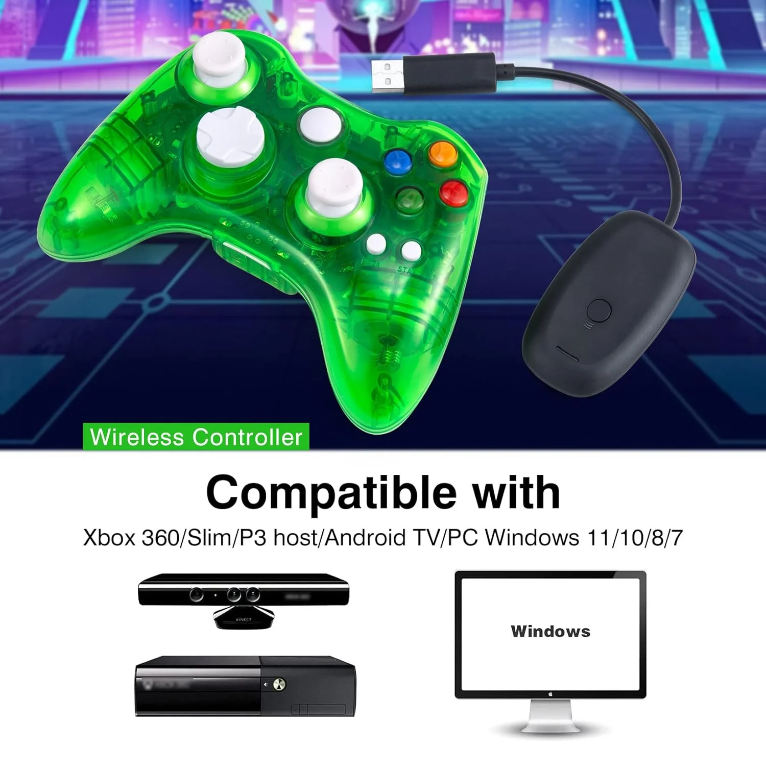Wireless Controller Compatible for Xbox 360 Double Motor Vibration Wireless Gamepad with Receiver Gaming Joypad-Transparent green