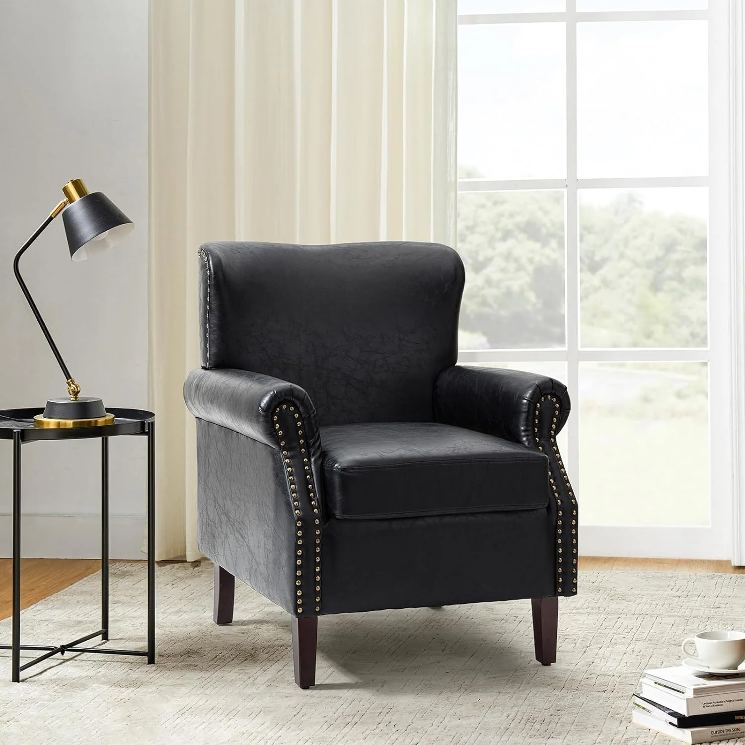 Faux Leather Accent Chair With Rolled Armrests & Nailhead Trim, Comfy Upholstered Living Room Armchair With Removable Cushion, Traditional Single Sofa Chair For Bedroom Office, Black