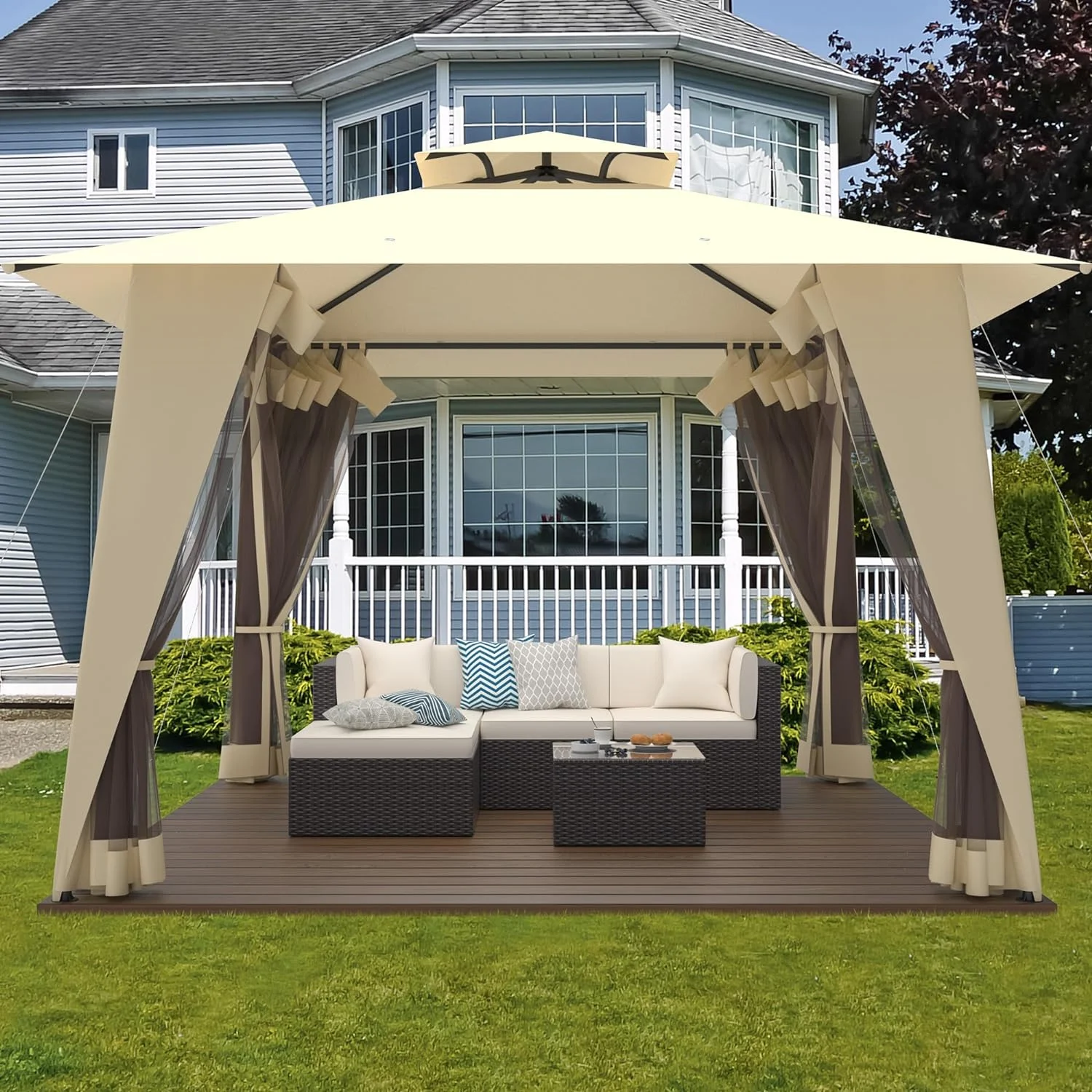 Phonjoroo Patio Gazebo Tent Outdoor Canopy Shelter 12'x12' w/Mosquito Netting with 144 Square Feet of Shade for Garden, Backyard Deck and Lawns