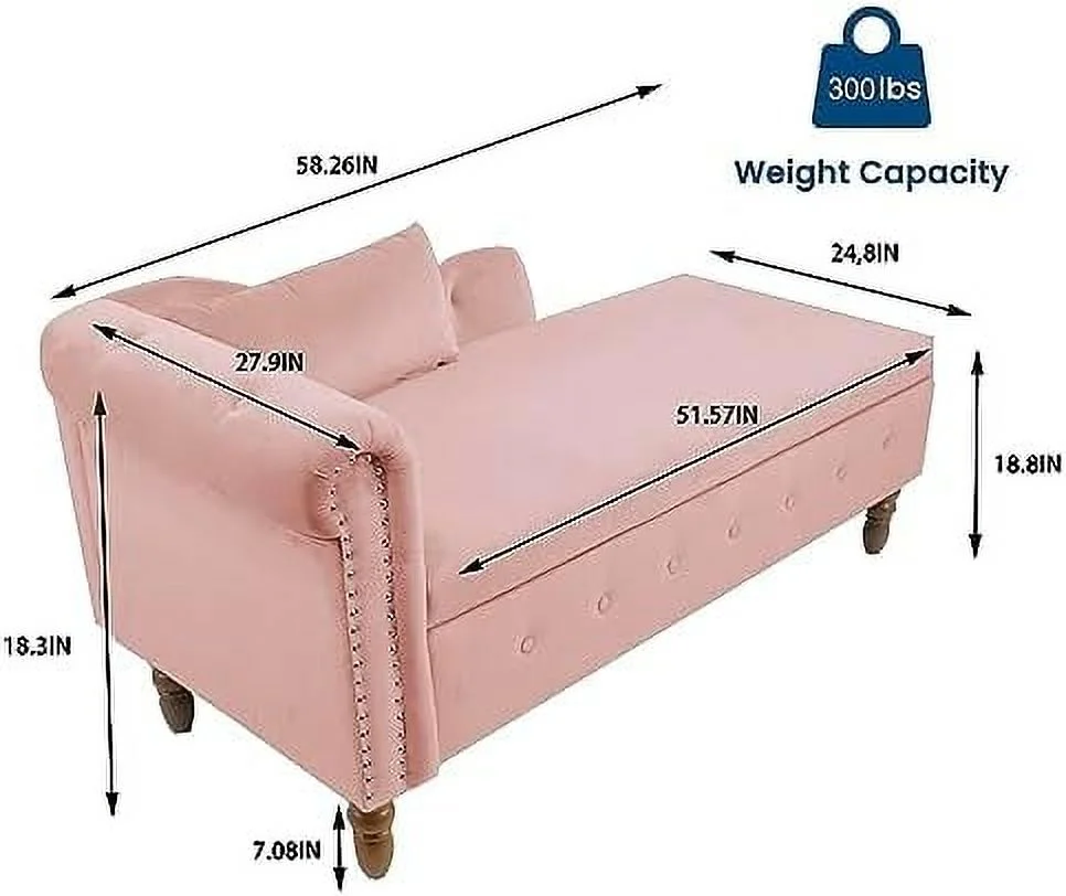 ZFGSUIJN Velvet Lounge Chair Indoor Modern 58" Chaise Lounge with  & Pillow Tufted Upholstered Rolled Arm Sleeping Lounge with Nailhead Trim  Room Bedroom Office (Pink)