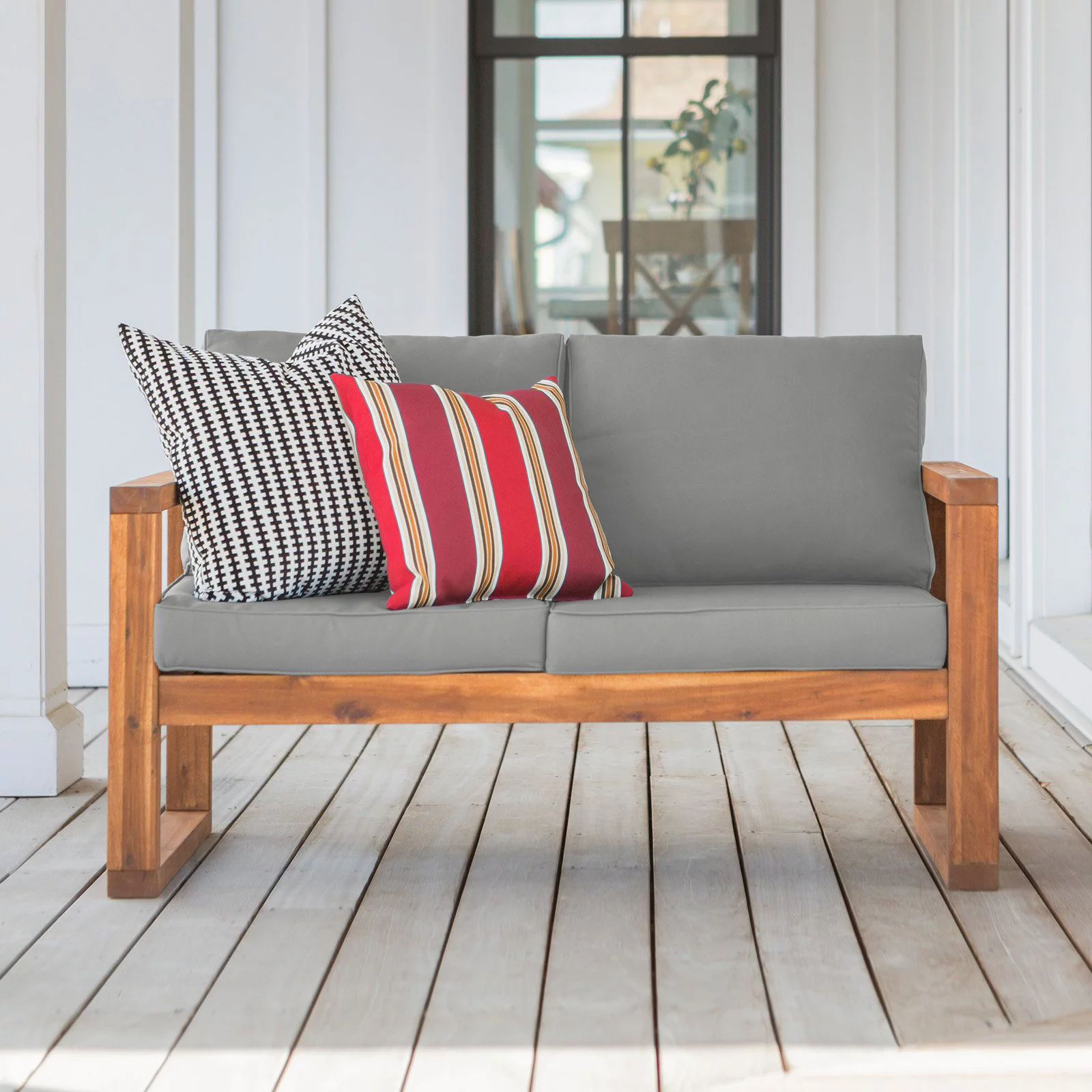 Walker Edison Hudson Acacia Wood Patio Love Seat with Gray Cushions in Brown