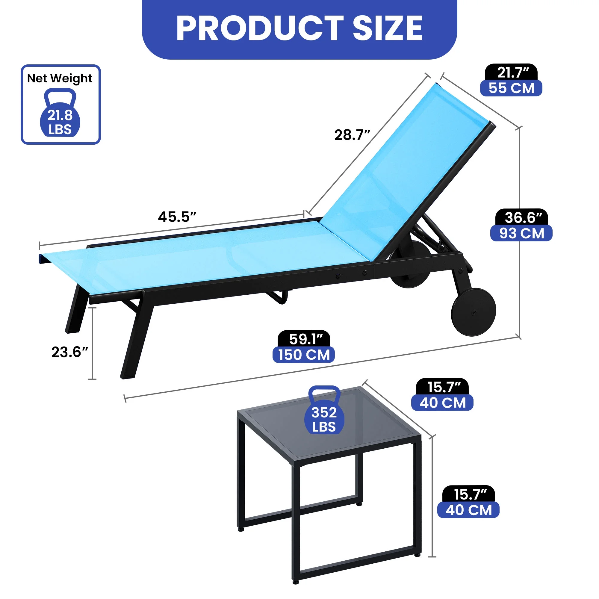 ModFusion Cozy Adaptable Blue Textile Fabric Sun Lounge, 2 Chair in 1 packaged, w/ Side Table, Aluminum Frame Lounge w/ Wheels
