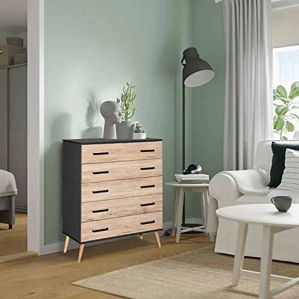 xrboomlife Eli Mid-Century Modern 5 Drawer Chest in White & Natural Oak