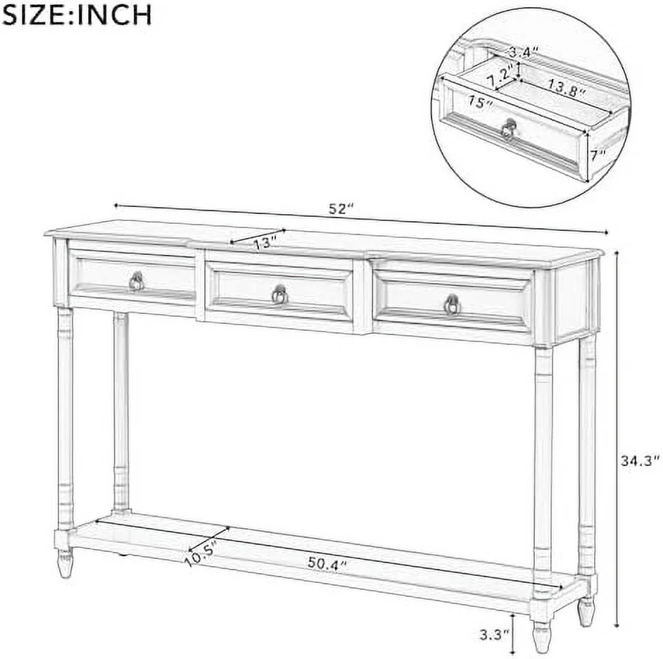 TJUNBOLIFE Console Table with 3  Drawers and Open Long  52" Wood Narrow Entryway Table Retro Sofa Table  for Living Room Entryway Hallway  Antique White