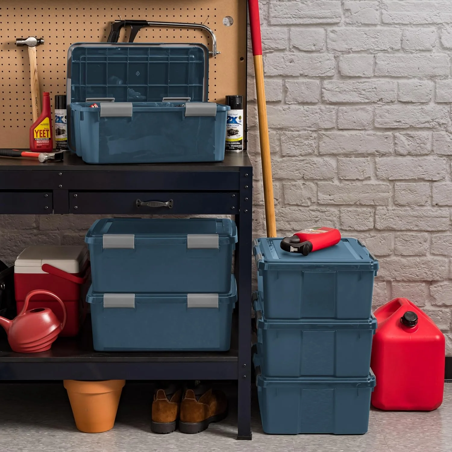 IRIS USA 31 Qt Storage Box with Gasket Seal Lid, 4 Pack - BPA-Free, Made in USA - Heavy Duty Moving Containers with Tight Latch, Weather Proof Tote Bin, WEATHERPRO - Navy