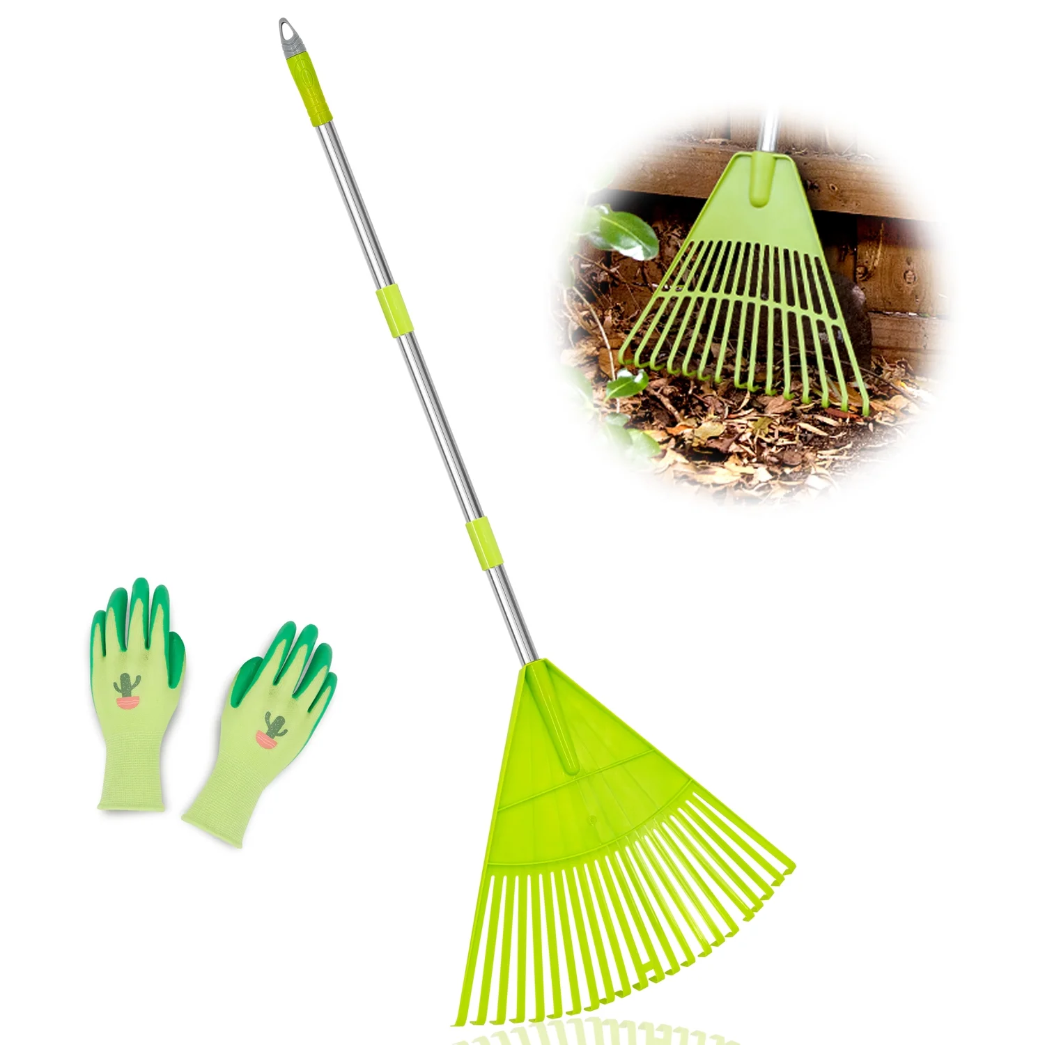 Colwelt Plastic Rakes for Leaves, 72 in, Leaf Rake with Lightweight Stainless Steel Handle to Sweep Leaves in Lawn, Durable Plastic Green Head 22 Tines & 15 Tines