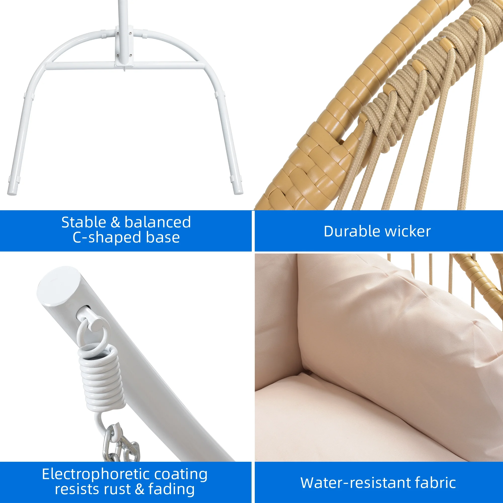 Dextrus Wicker Swing Egg Chair Hammock Hanging Chair Nest Basket with Stand, UV Resistant Removable & Washable Cushions,350LB Capacity - Beige