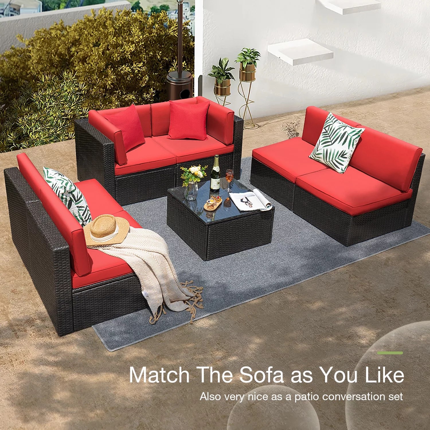 Vineego 7 Pieces Outdoor Patio Furniture Sets Wicker Sectional Sofa All-Weather PE Rattan Conversation Sets, Red